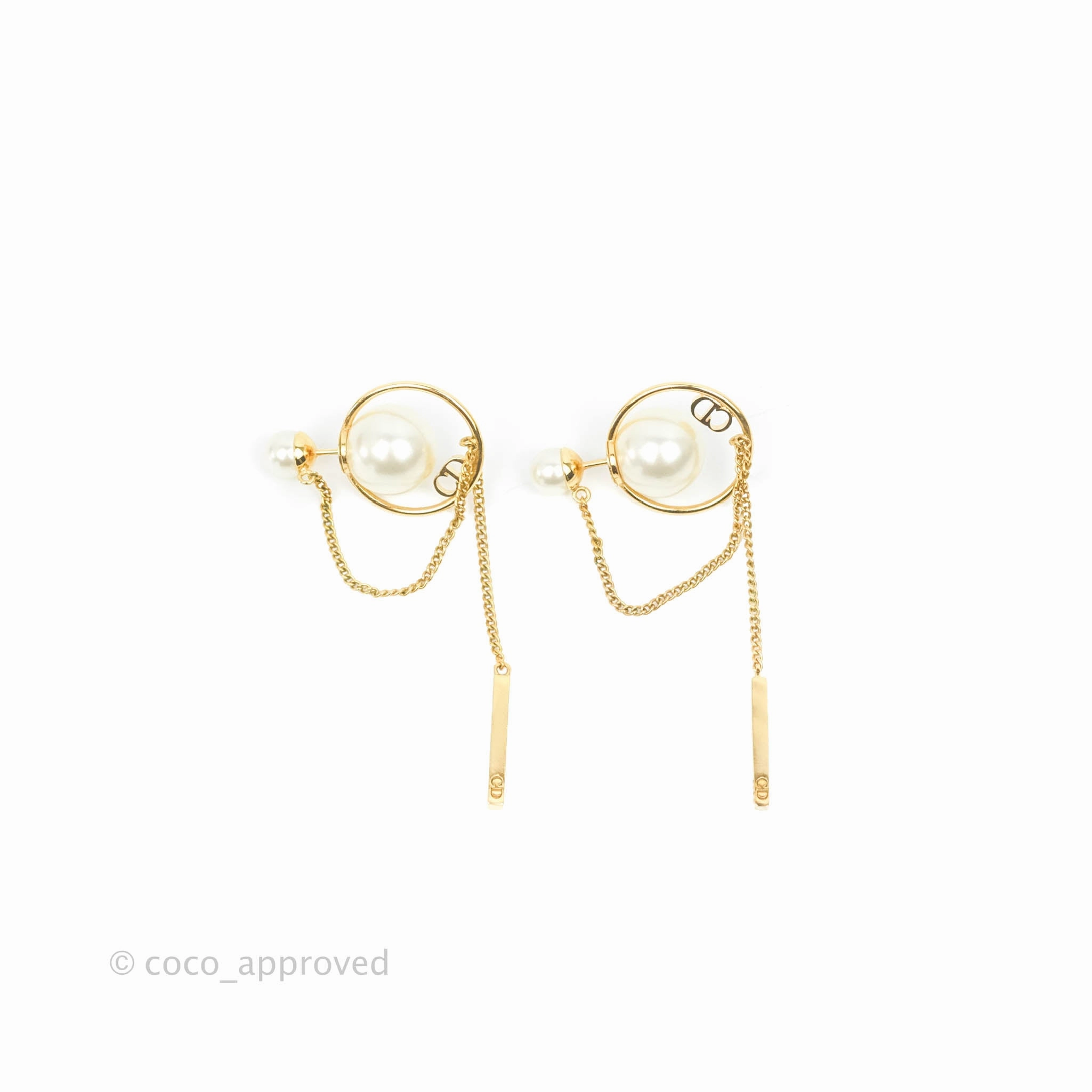 Christian Dior CD Pearl Long Drop Earrings Gold Tone