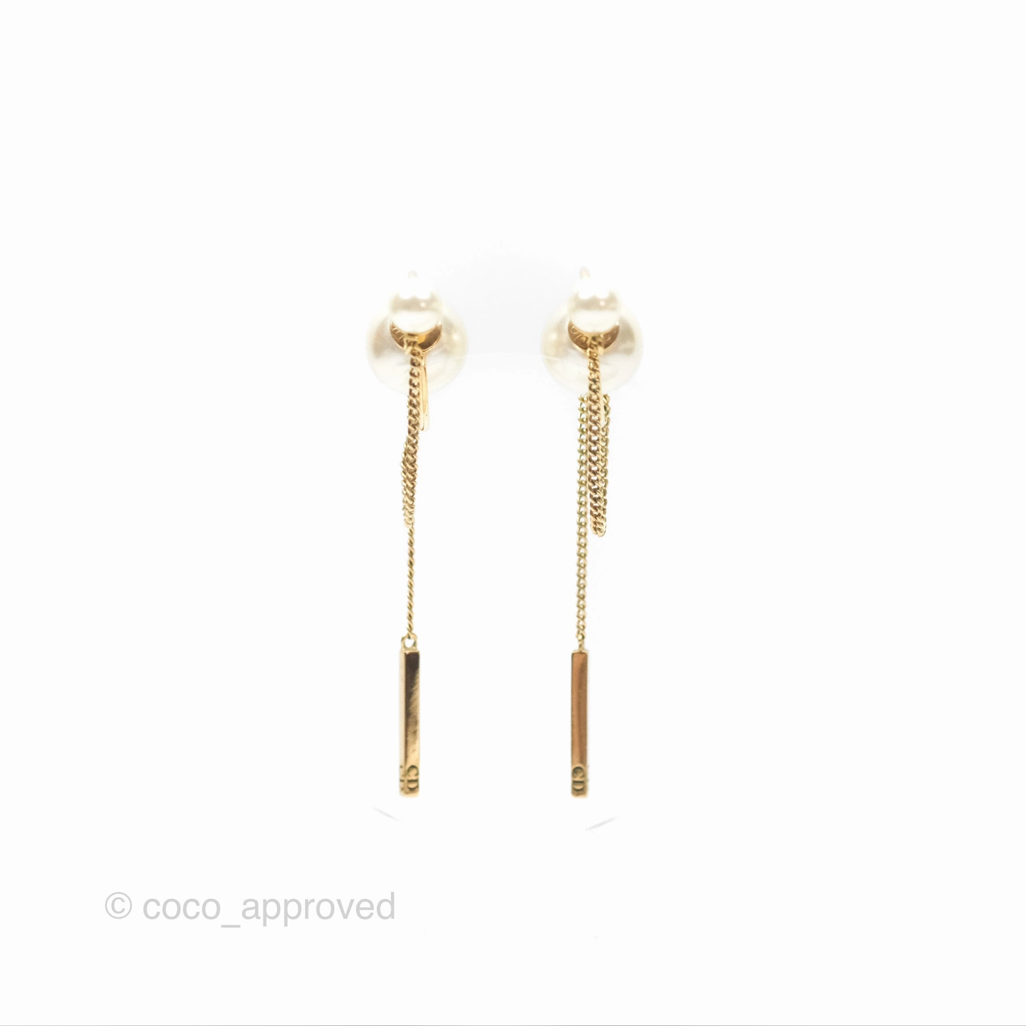 Christian Dior CD Pearl Long Drop Earrings Gold Tone