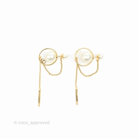Christian Dior CD Pearl Long Drop Earrings Gold Tone