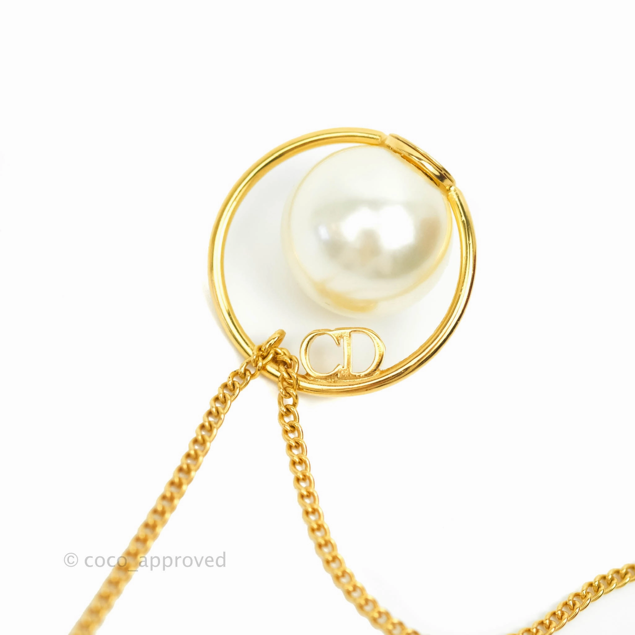 Christian Dior CD Pearl Long Drop Earrings Gold Tone