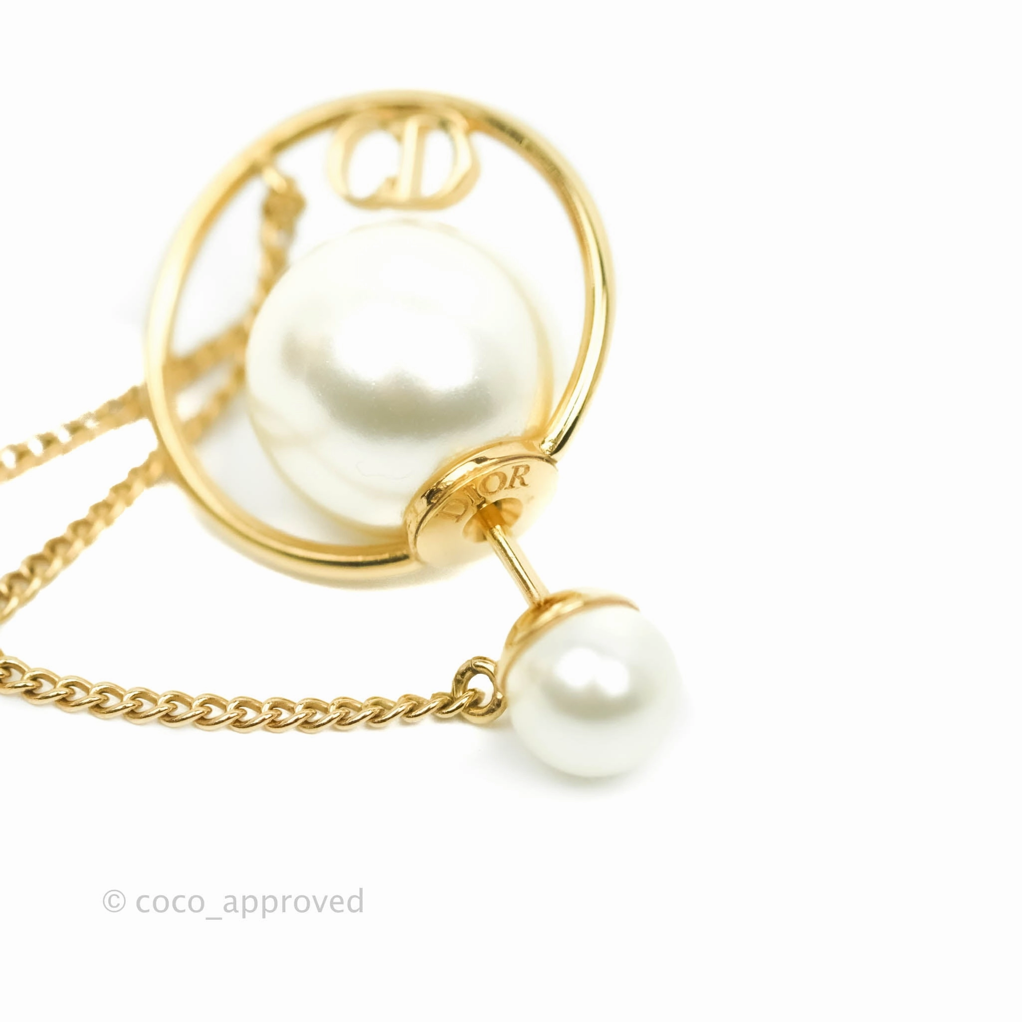 Christian Dior CD Pearl Long Drop Earrings Gold Tone