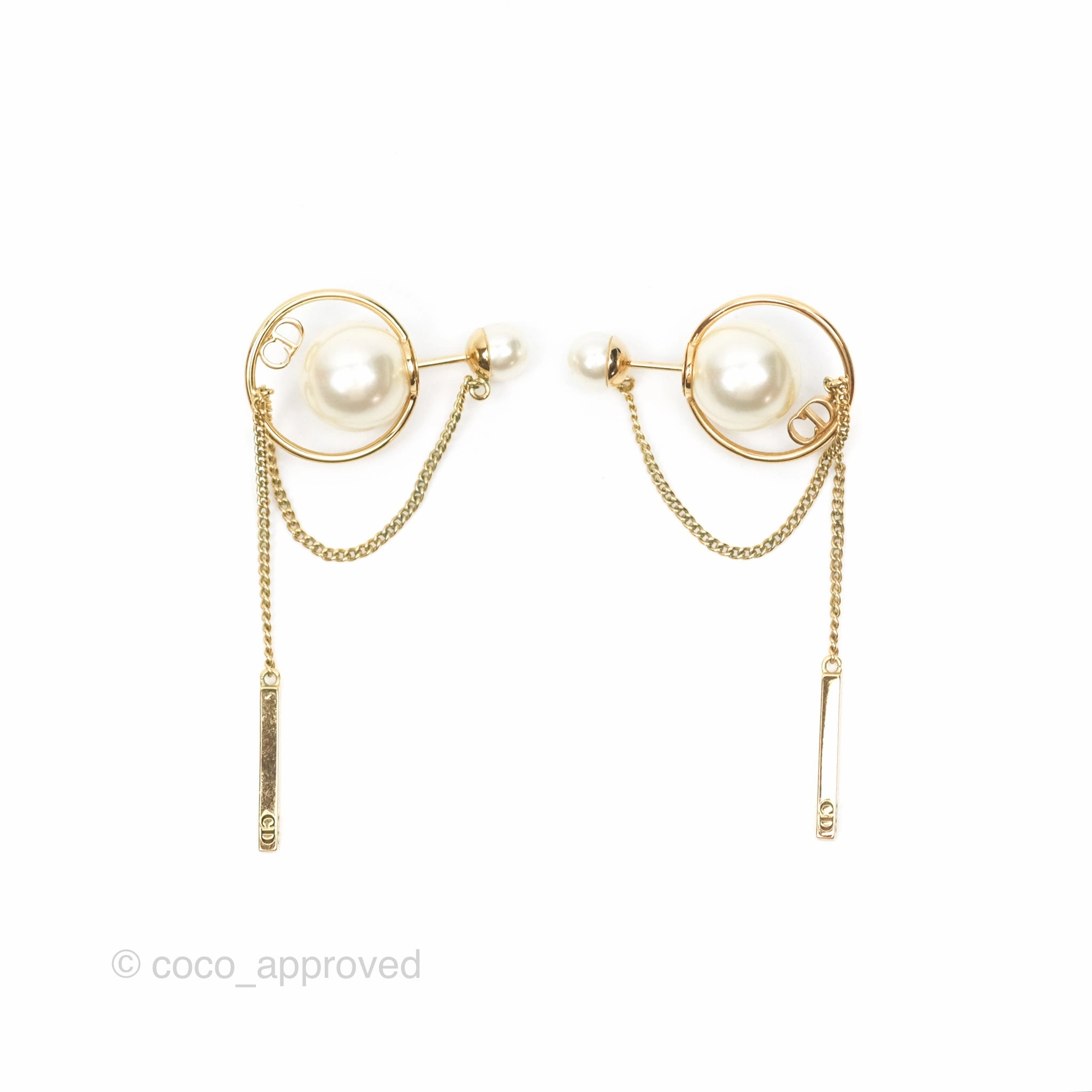 Christian Dior CD Pearl Long Drop Earrings Gold Tone