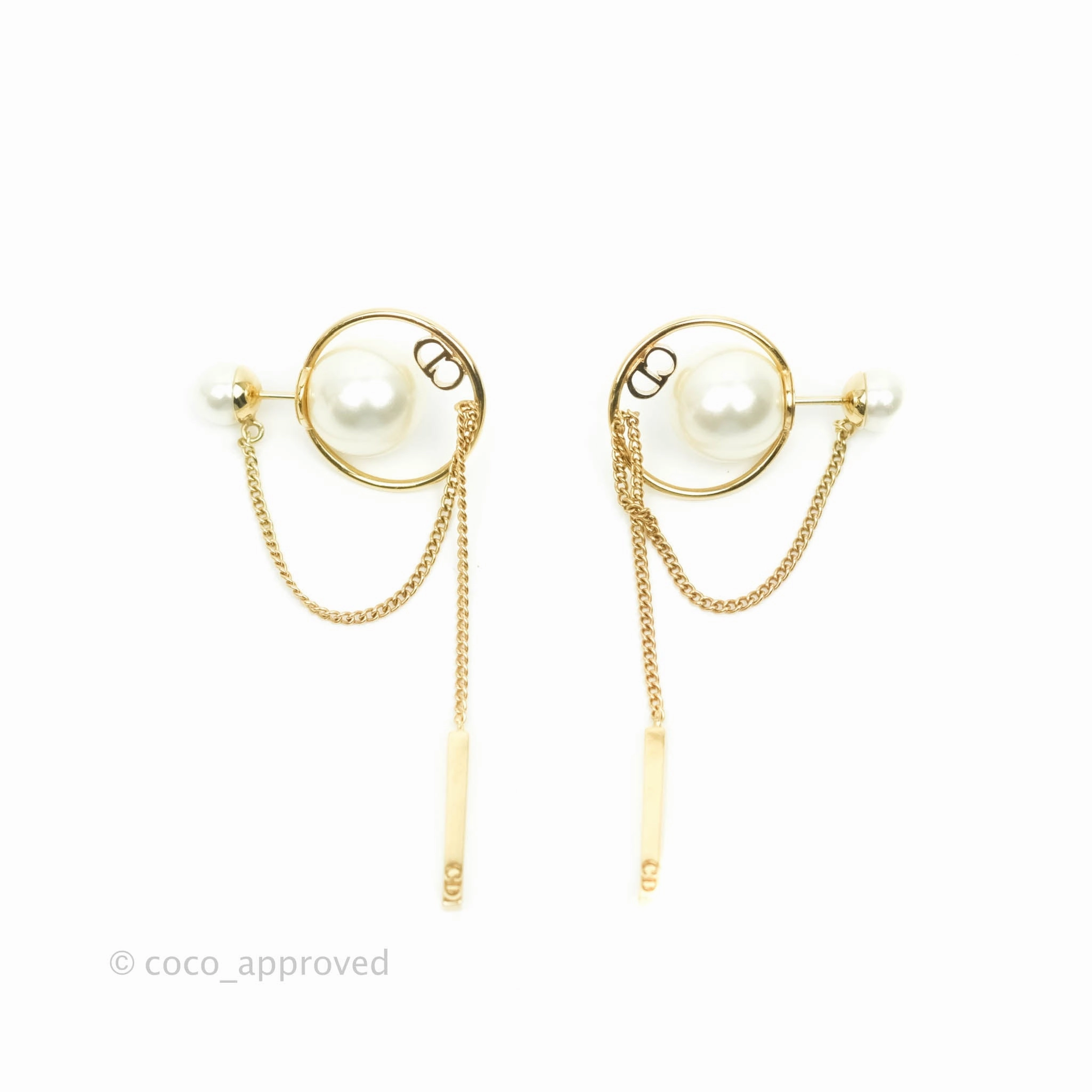 Christian Dior CD Pearl Long Drop Earrings Gold Tone