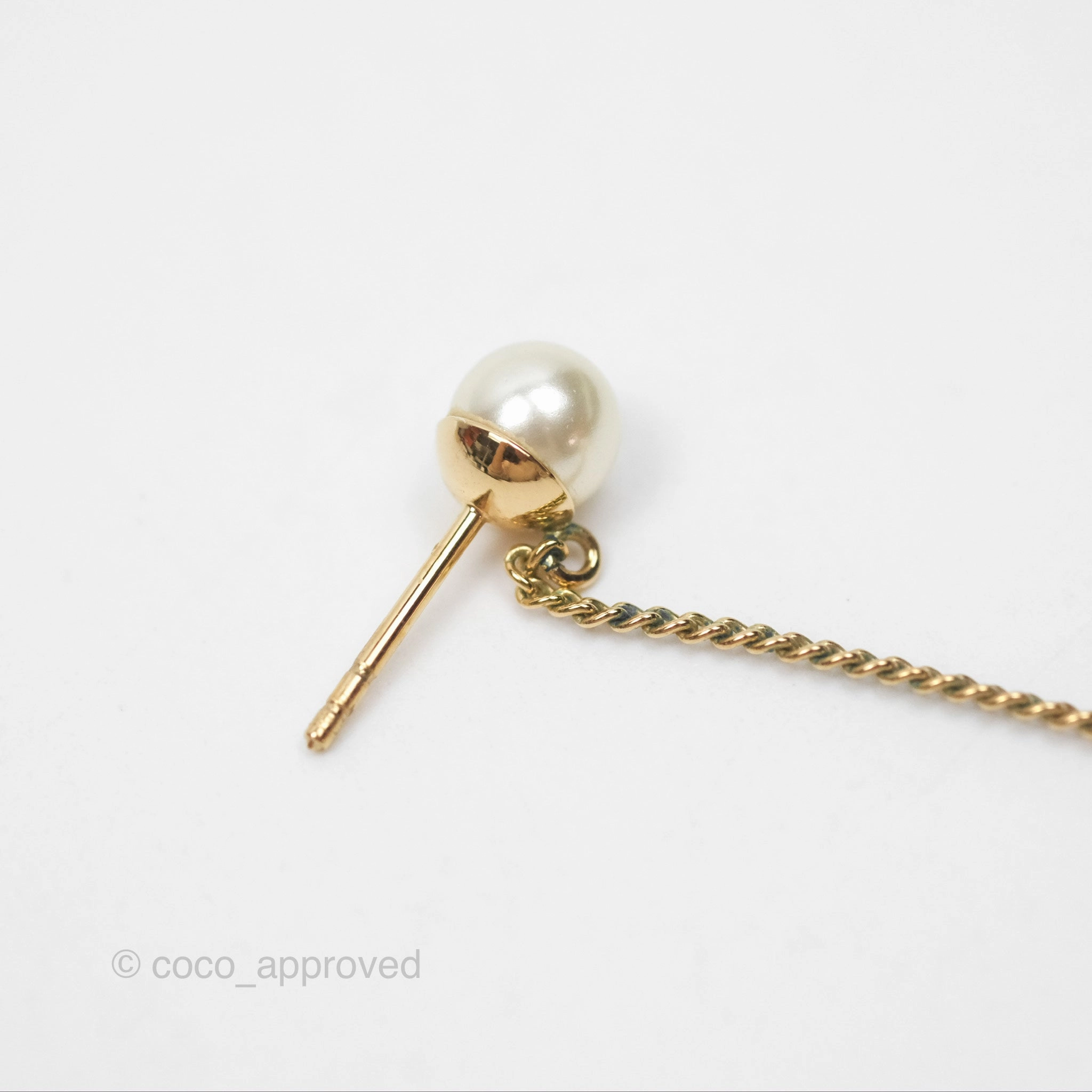 Christian Dior CD Pearl Long Drop Earrings Gold Tone