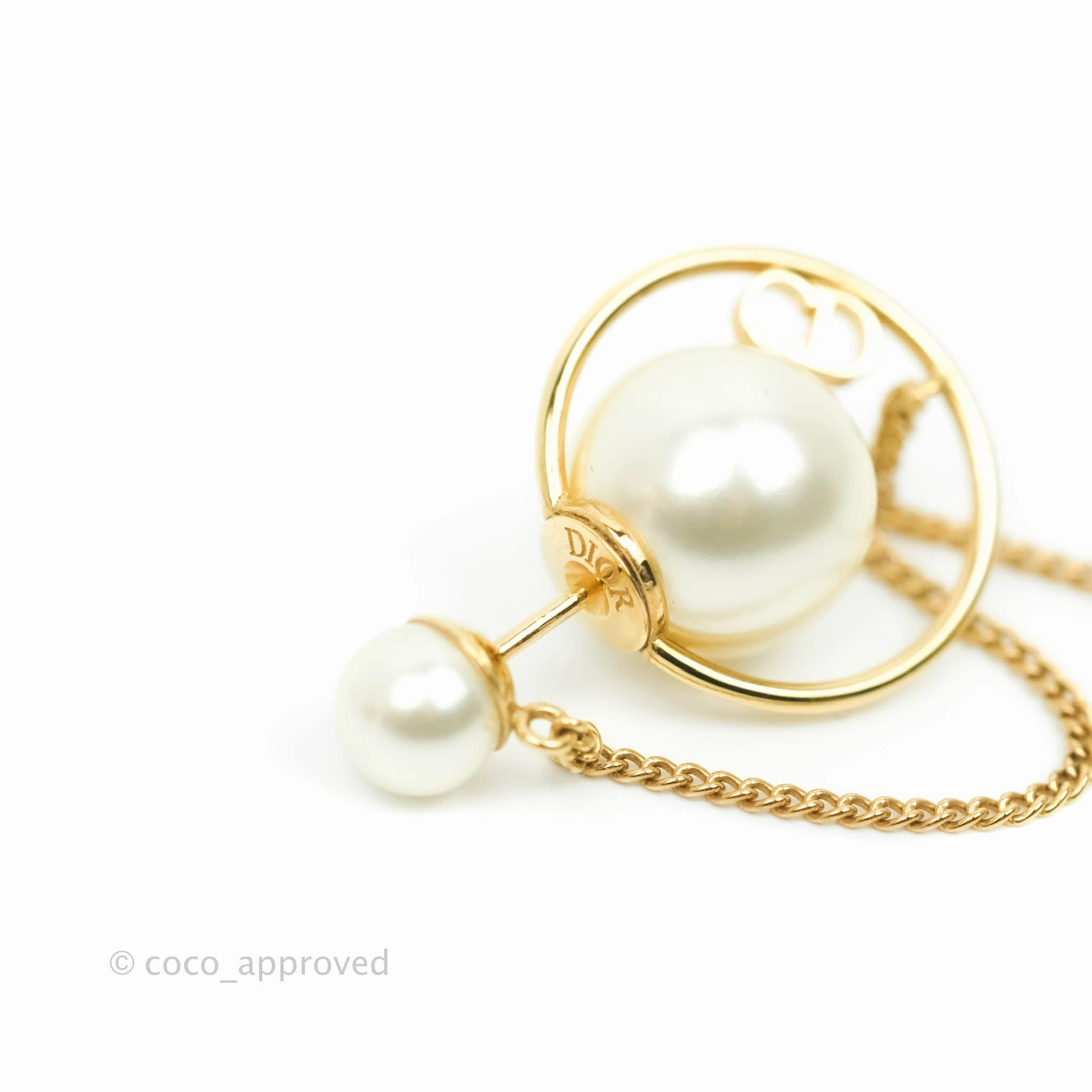 Christian Dior CD Pearl Long Drop Earrings Gold Tone