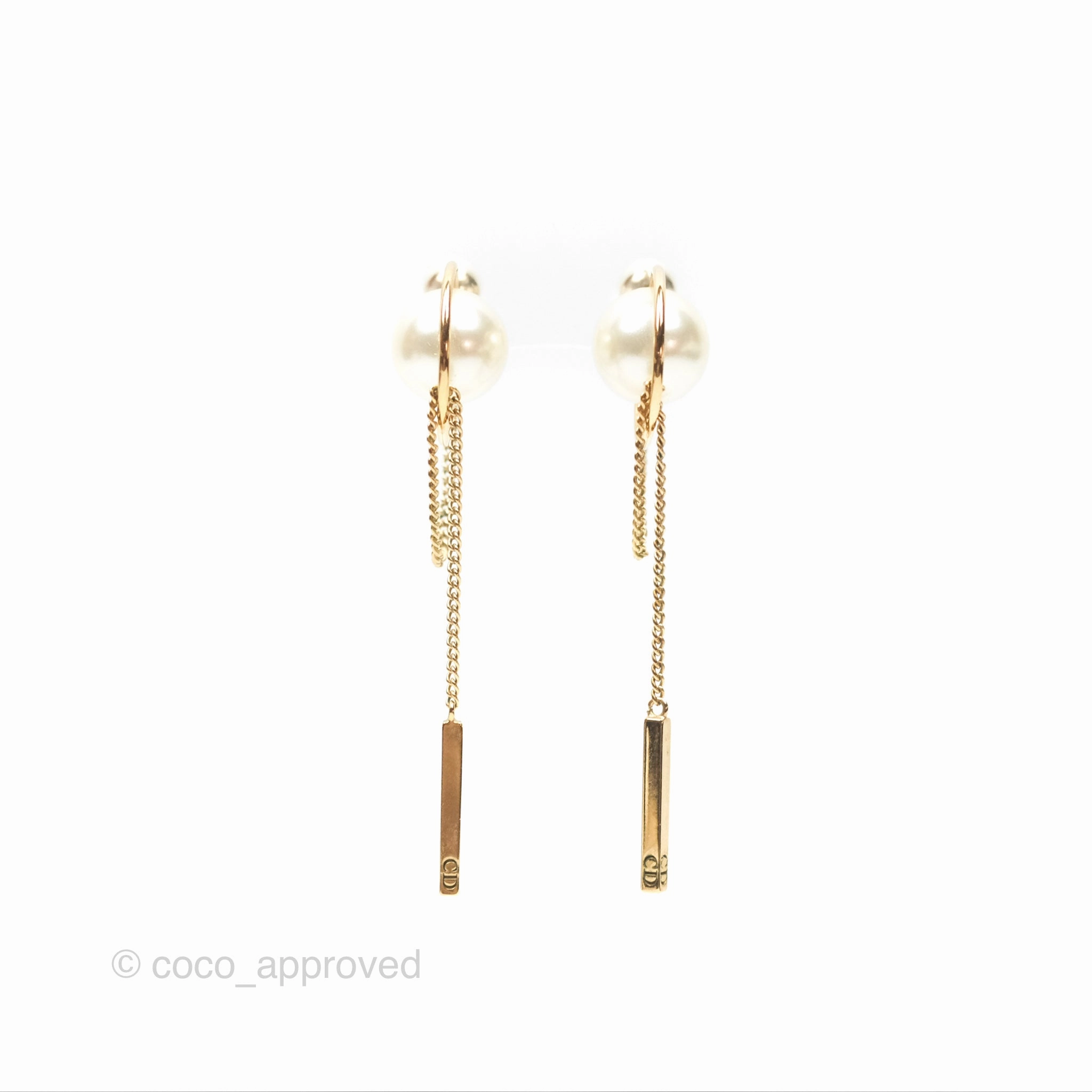 Christian Dior CD Pearl Long Drop Earrings Gold Tone