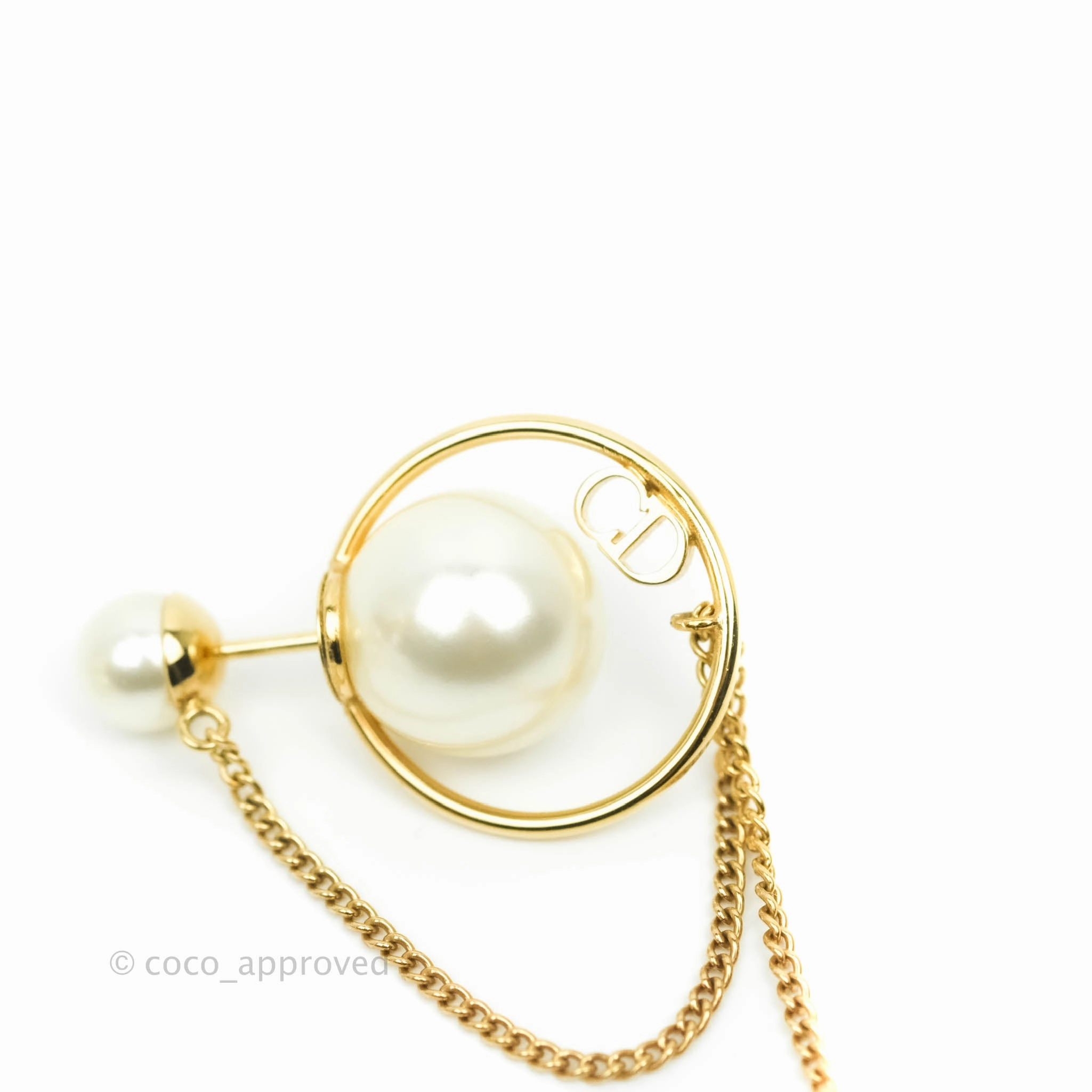 Christian Dior CD Pearl Long Drop Earrings Gold Tone