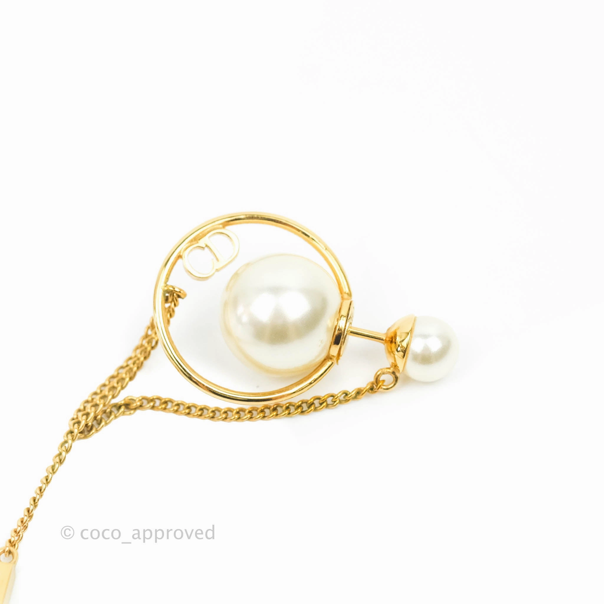 Christian Dior CD Pearl Long Drop Earrings Gold Tone