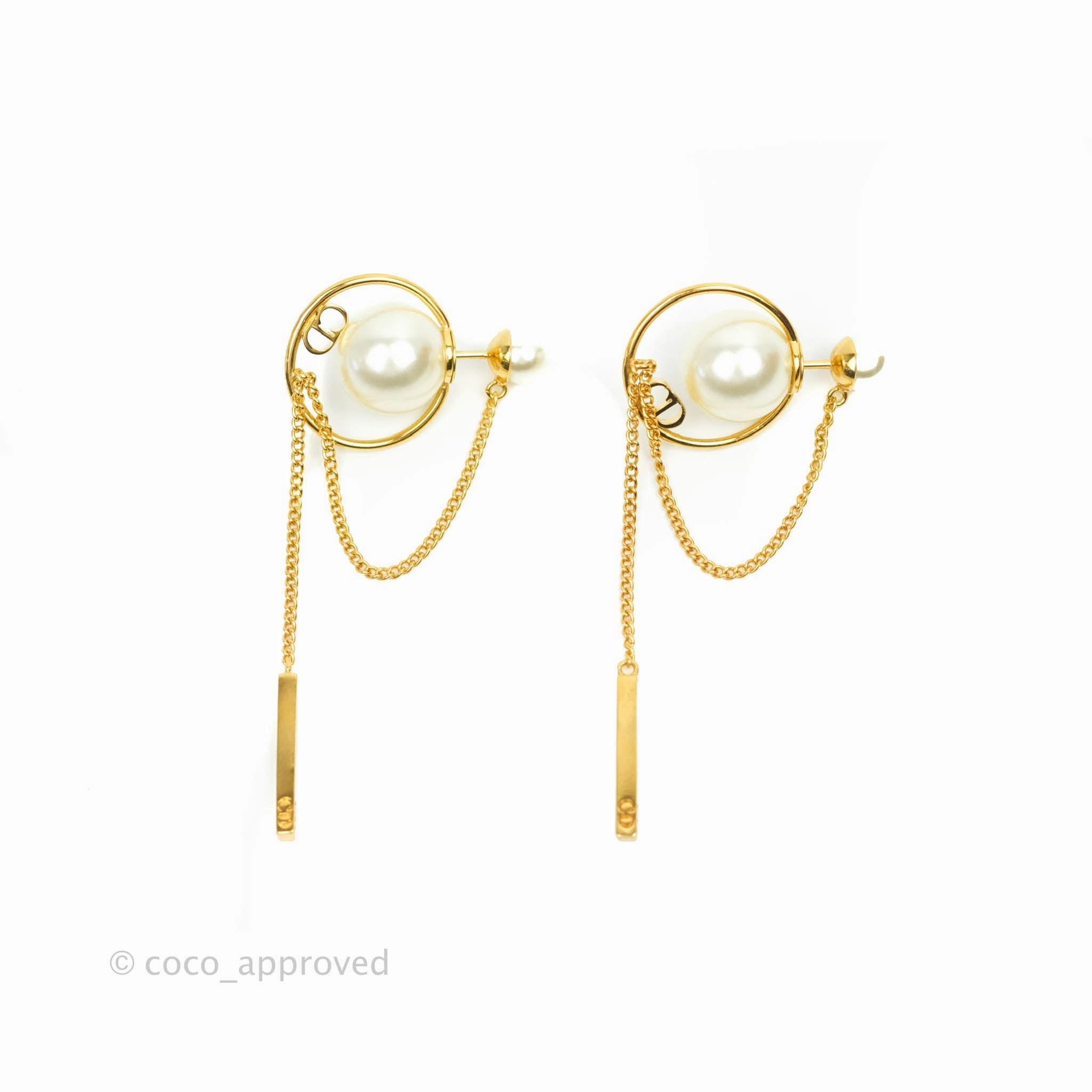 Christian Dior CD Pearl Long Drop Earrings Gold Tone