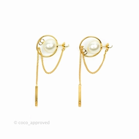 Christian Dior CD Pearl Long Drop Earrings Gold Tone
