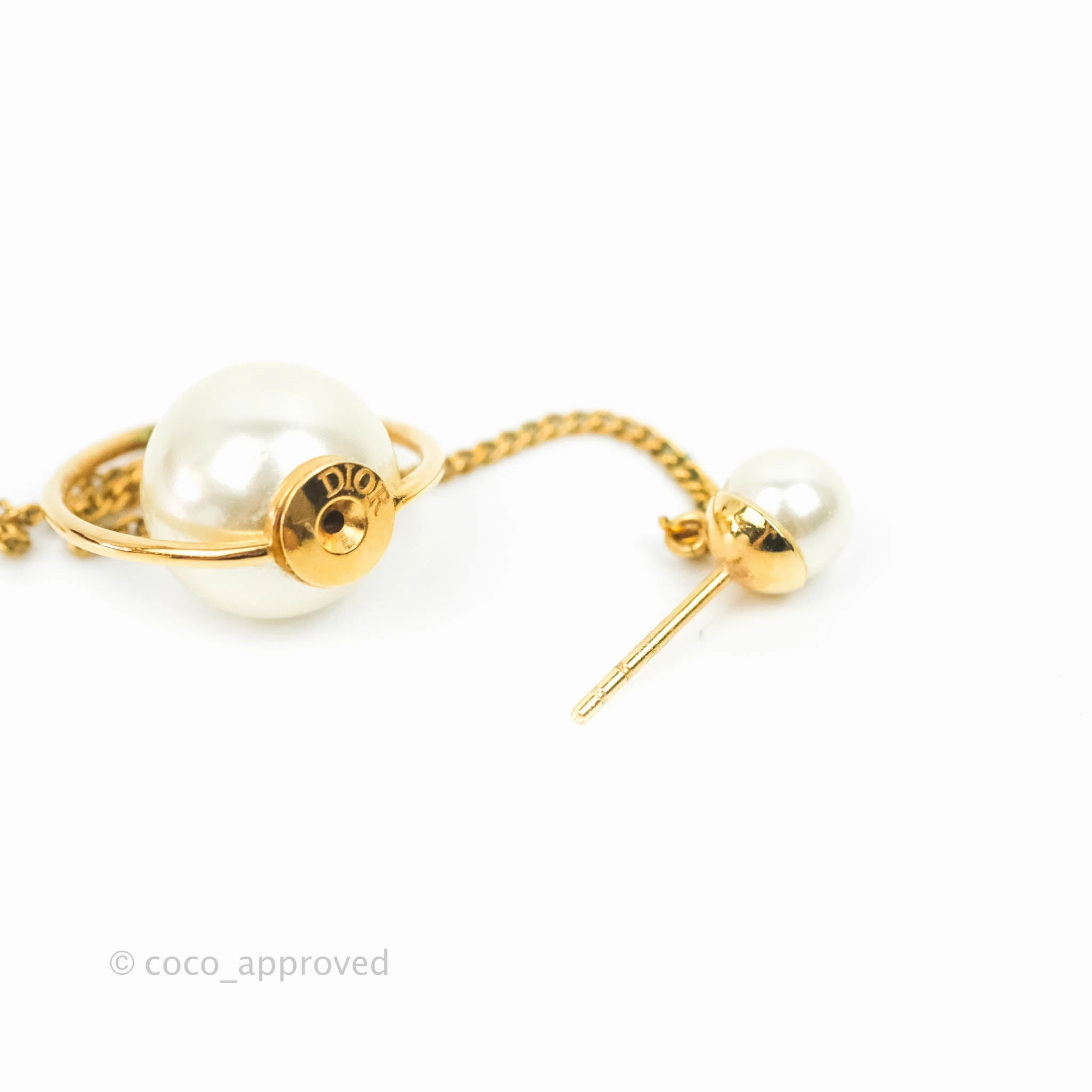 Christian Dior CD Pearl Long Drop Earrings Gold Tone