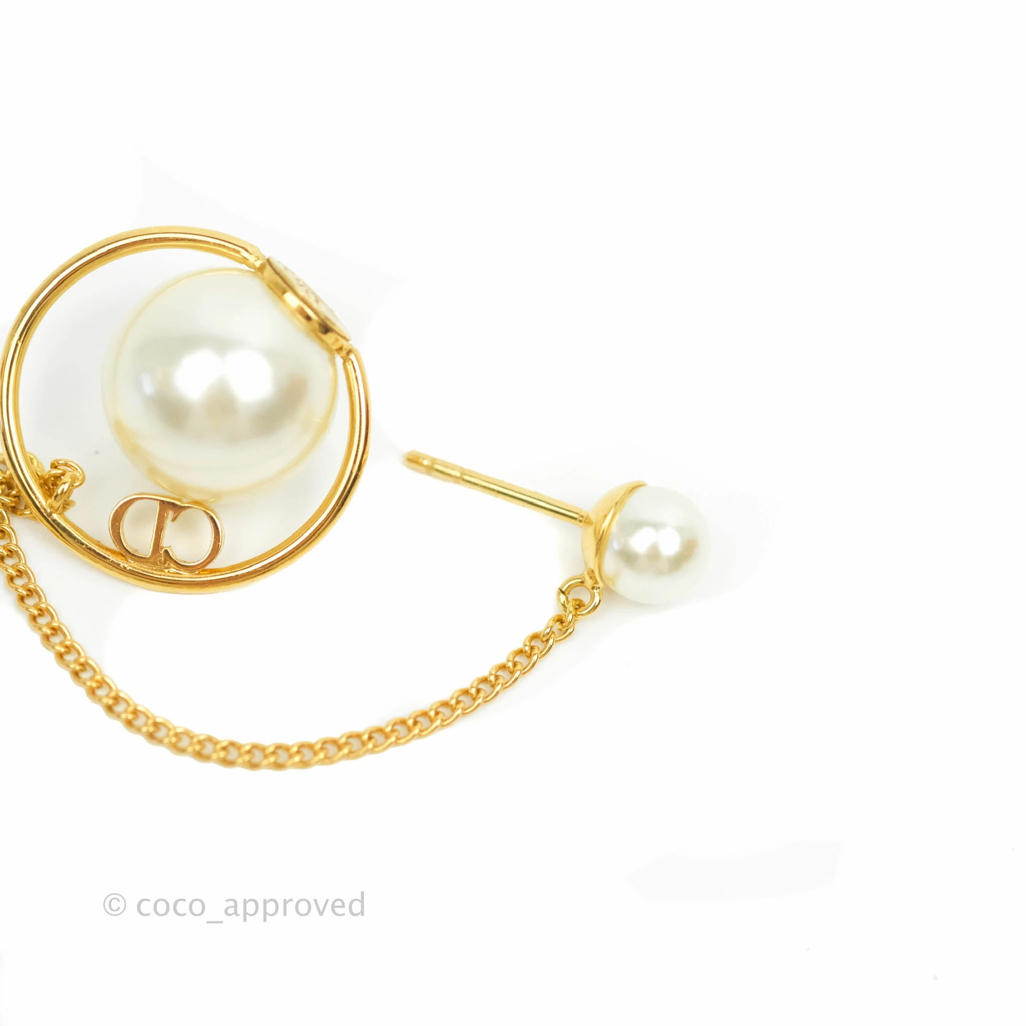 Christian Dior CD Pearl Long Drop Earrings Gold Tone