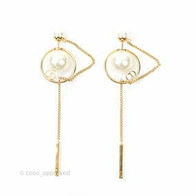 Christian Dior CD Pearl Long Drop Earrings Gold Tone