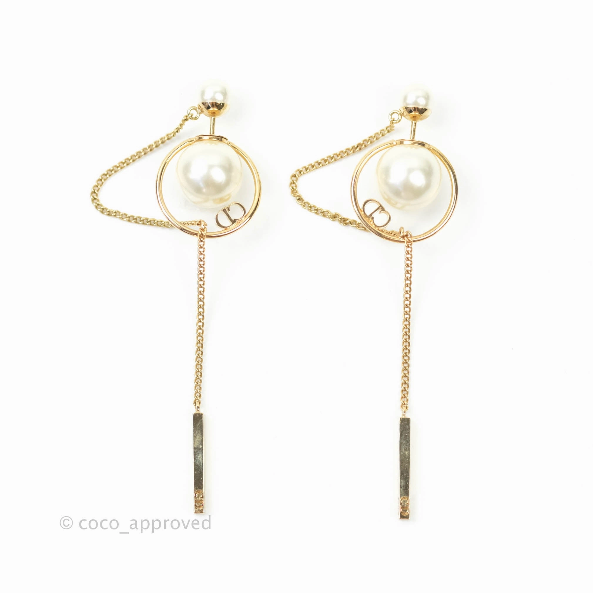 Christian Dior CD Pearl Long Drop Earrings Gold Tone