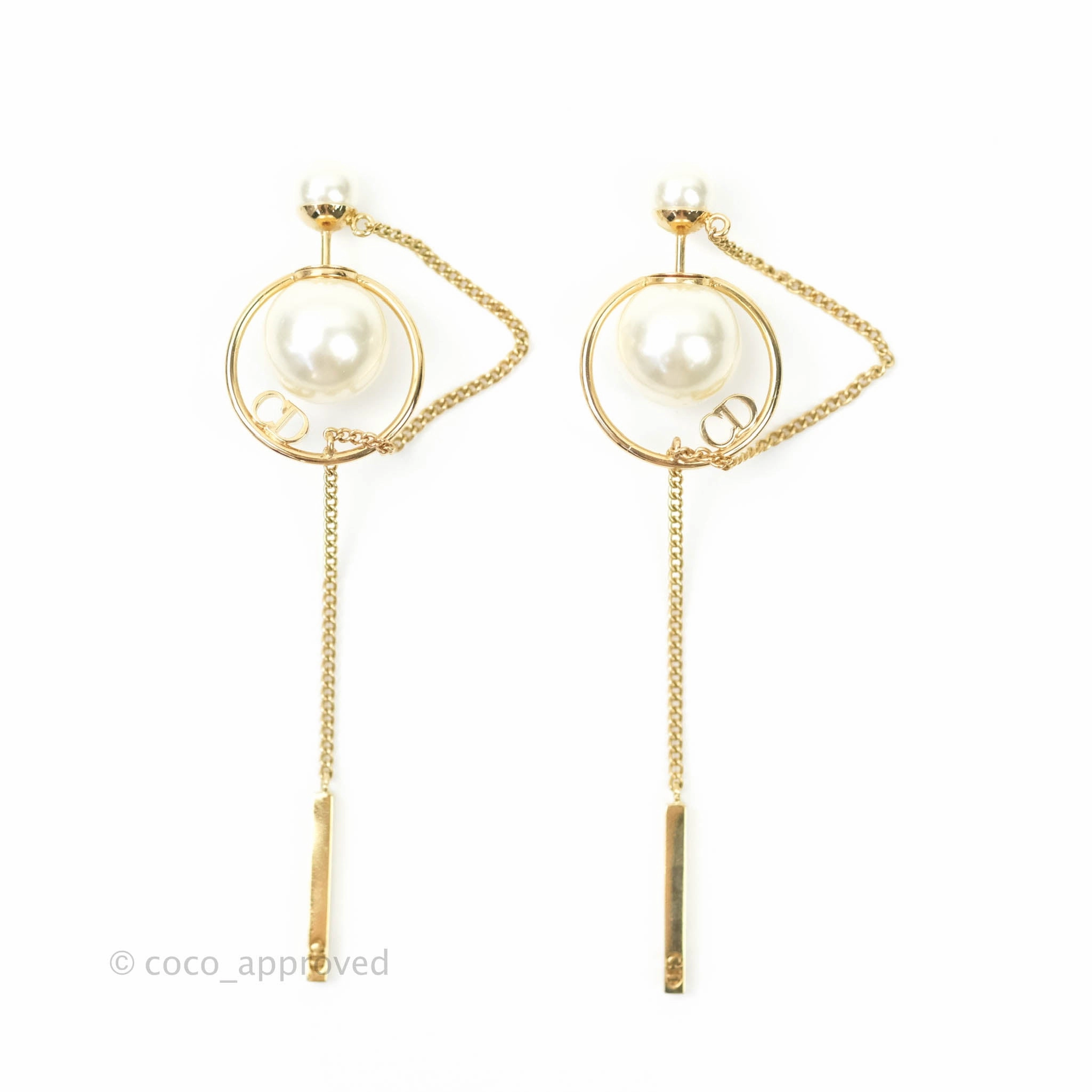 Christian Dior CD Pearl Long Drop Earrings Gold Tone