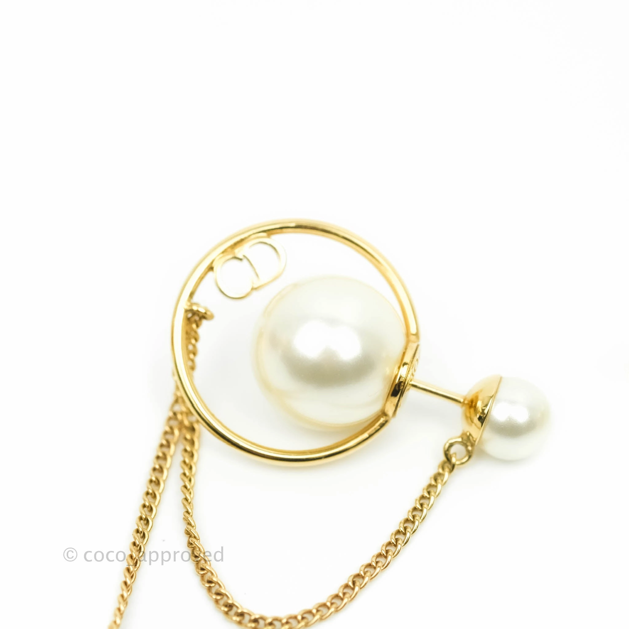 Christian Dior CD Pearl Long Drop Earrings Gold Tone
