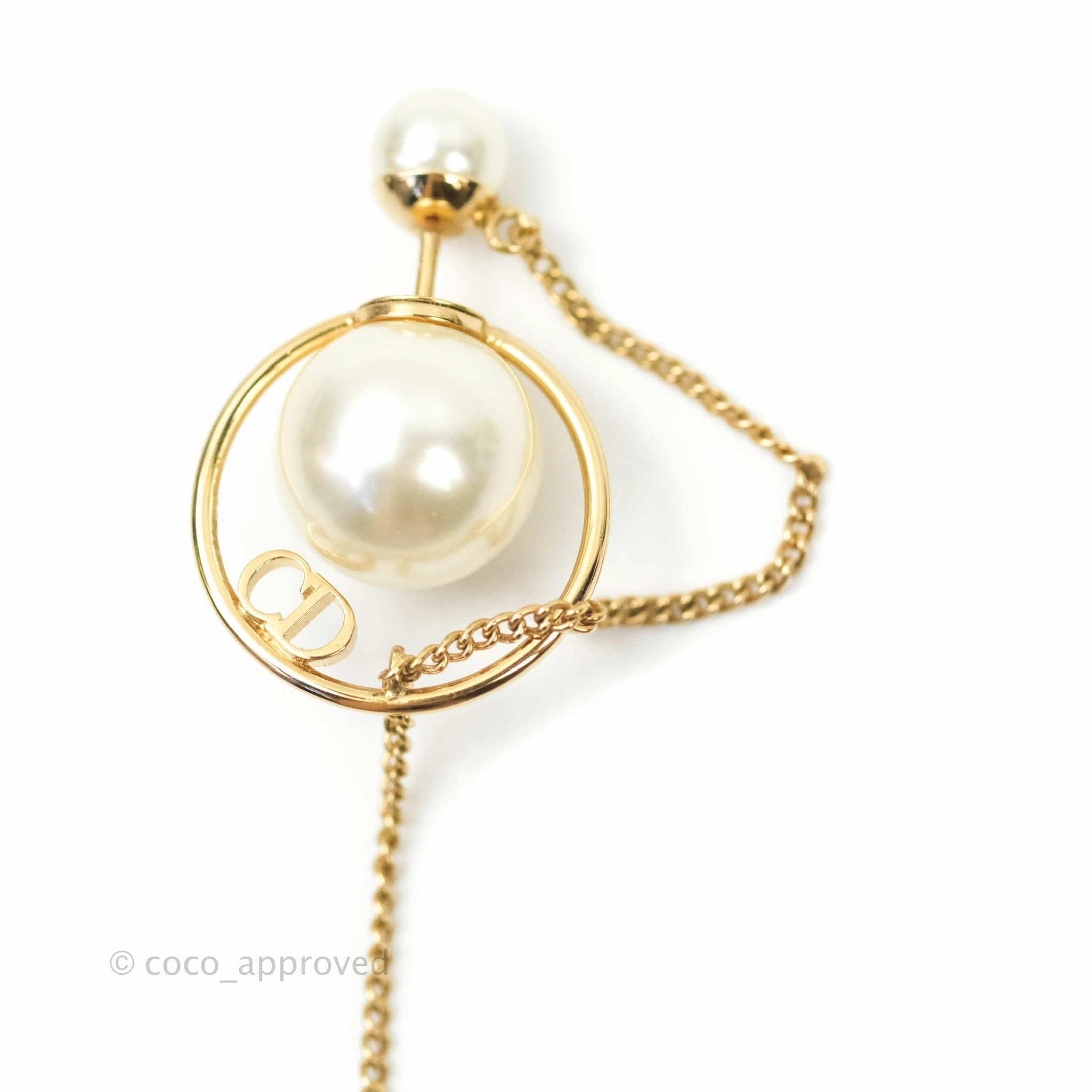 Christian Dior CD Pearl Long Drop Earrings Gold Tone