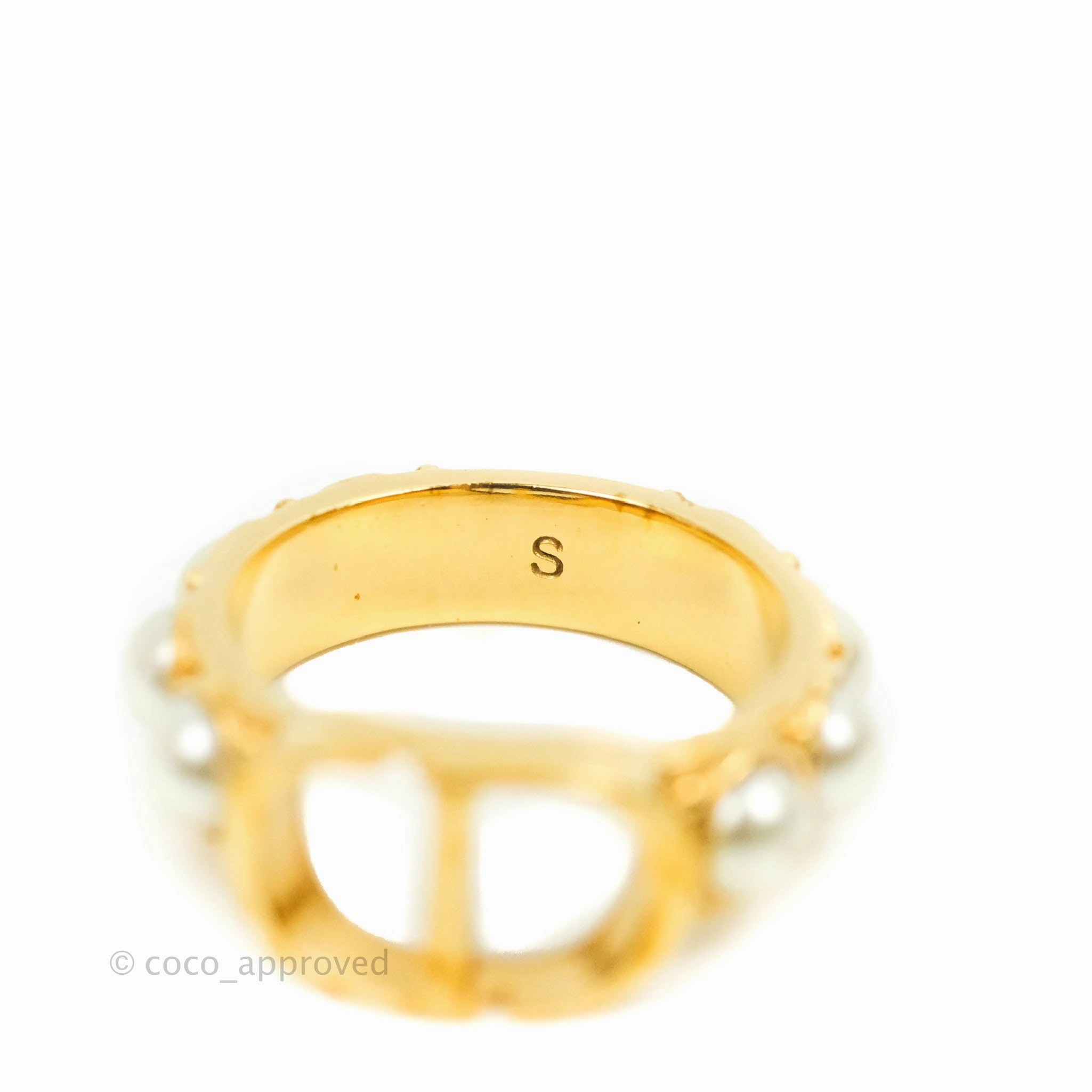 Christian Dior CD Pearl Ring Gold Tone Size S