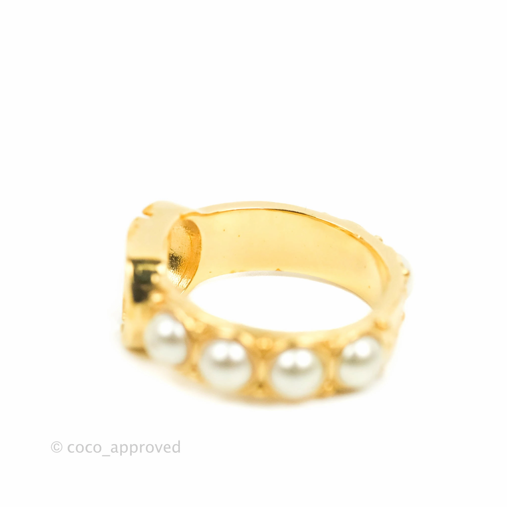 Christian Dior CD Pearl Ring Gold Tone Size S
