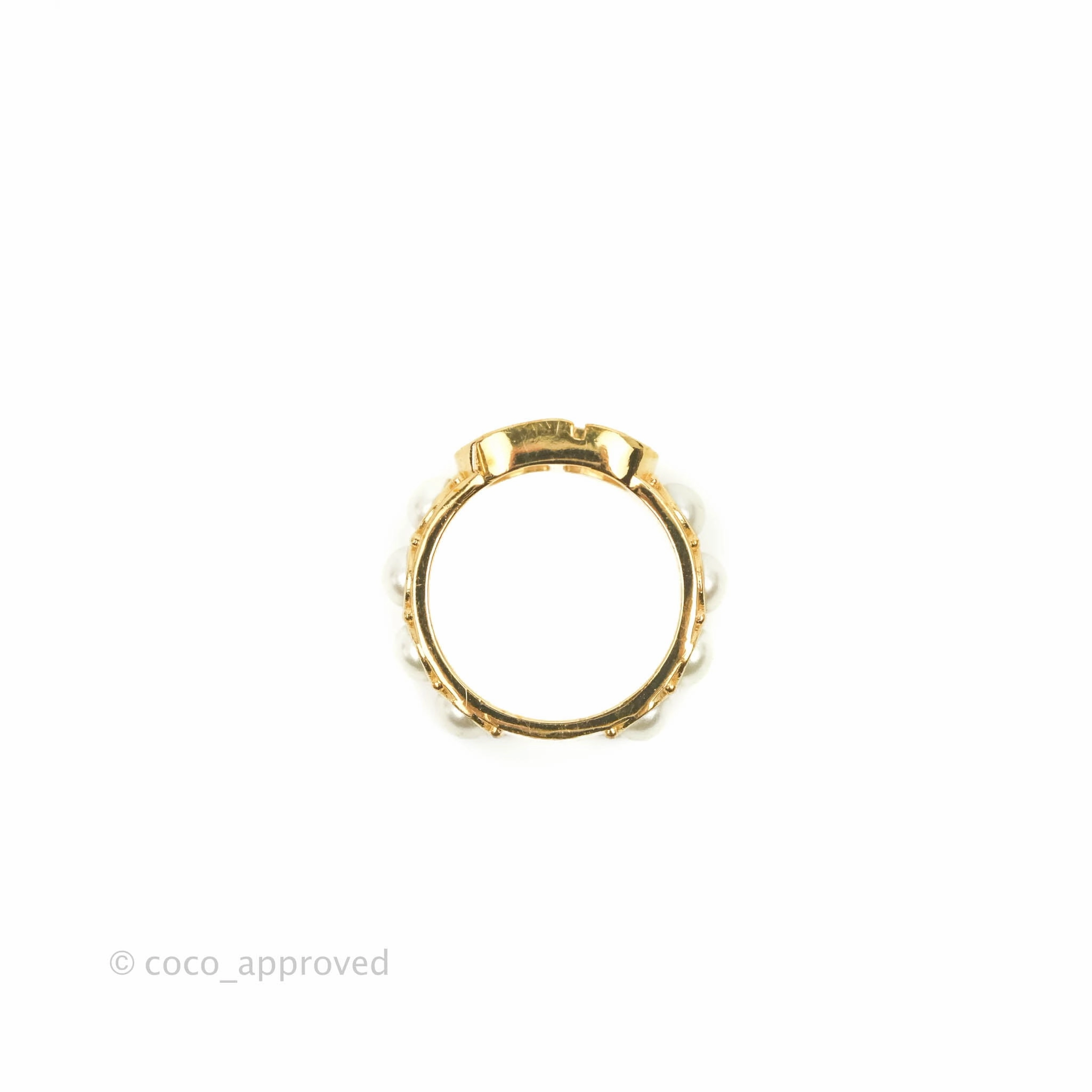 Christian Dior CD Pearl Ring Gold Tone Size S