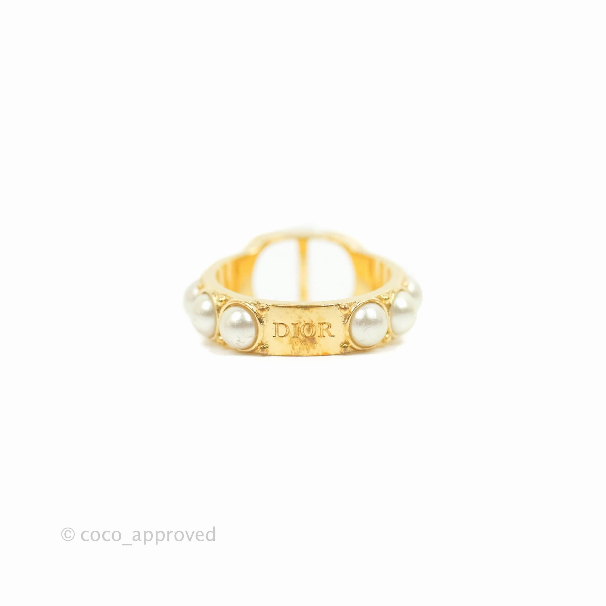 Christian Dior CD Pearl Ring Gold Tone Size S
