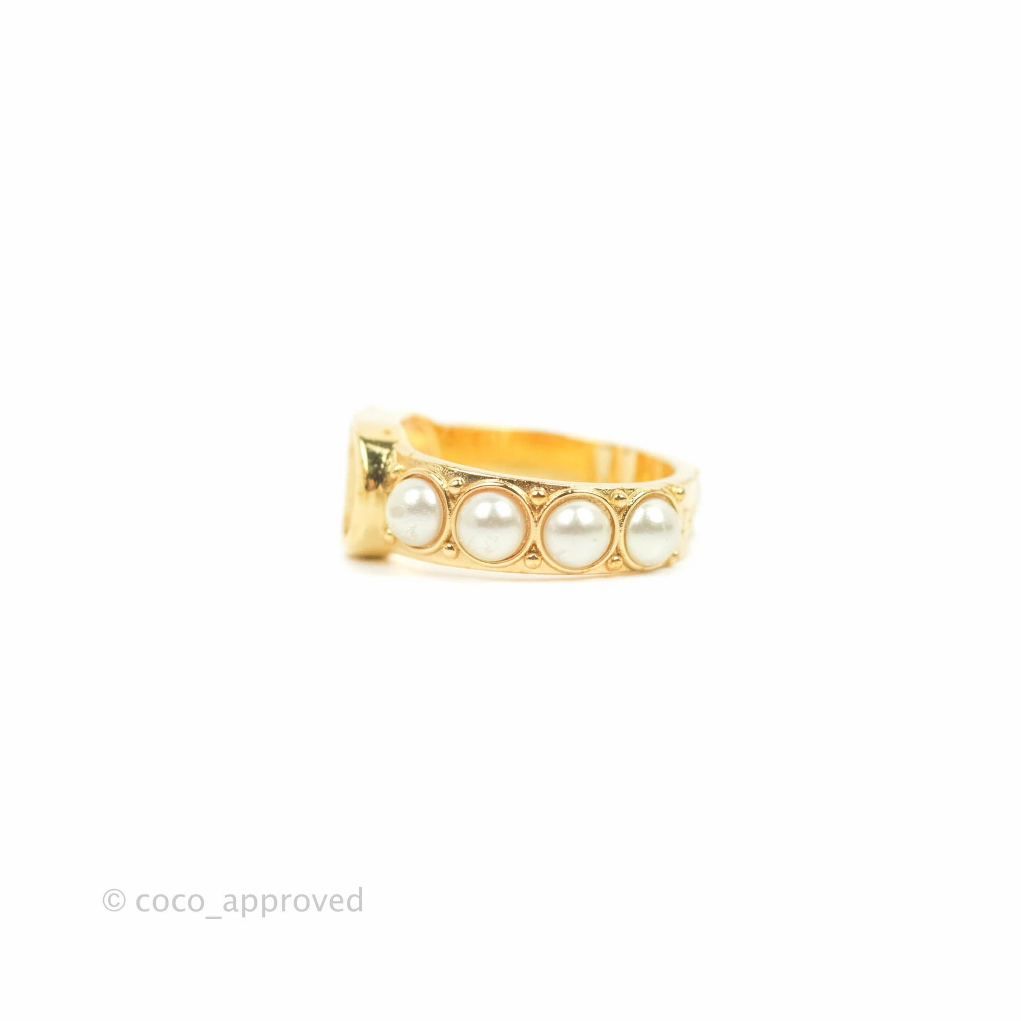 Christian Dior CD Pearl Ring Gold Tone Size S