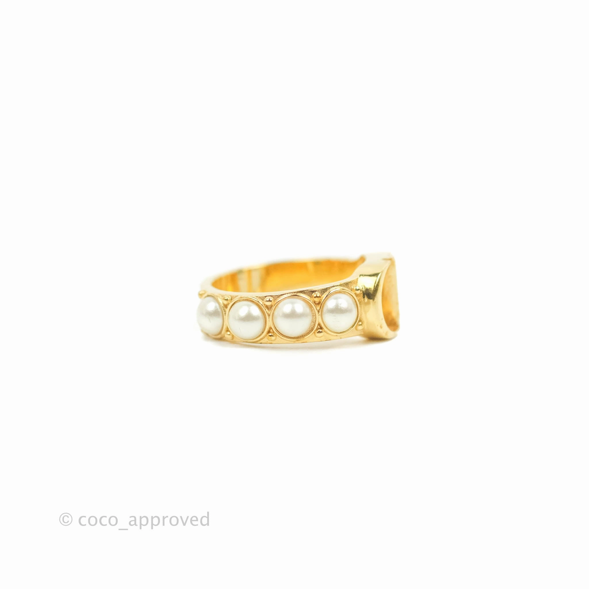 Christian Dior CD Pearl Ring Gold Tone Size S