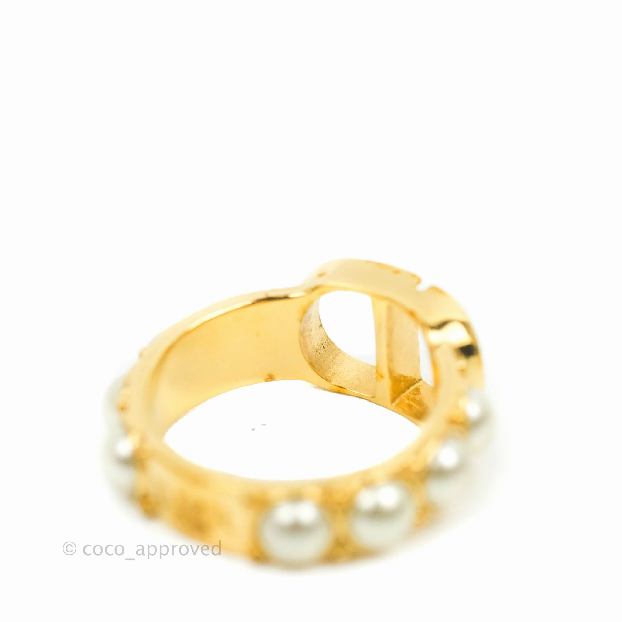 Christian Dior CD Pearl Ring Gold Tone Size S