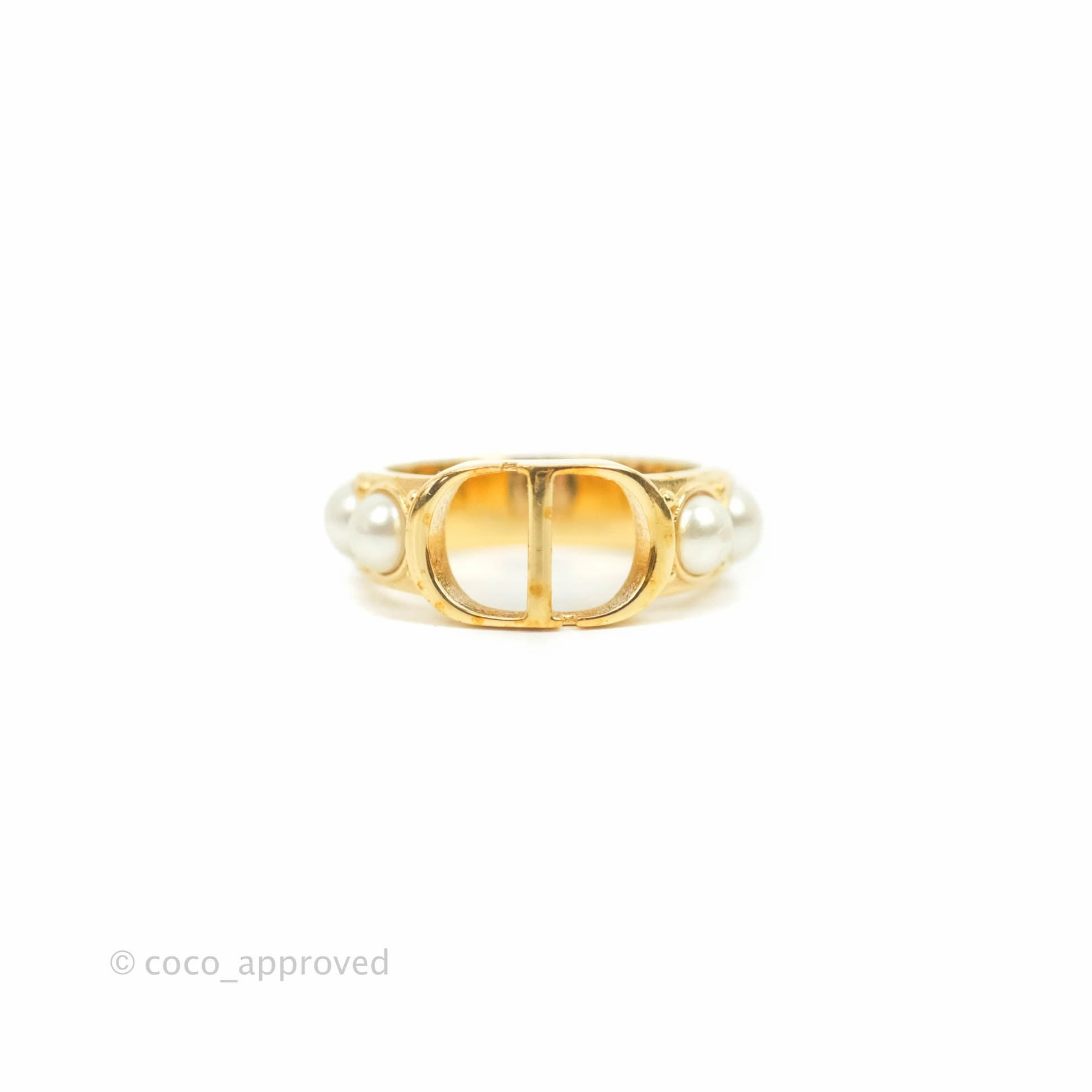 Christian Dior CD Pearl Ring Gold Tone Size S