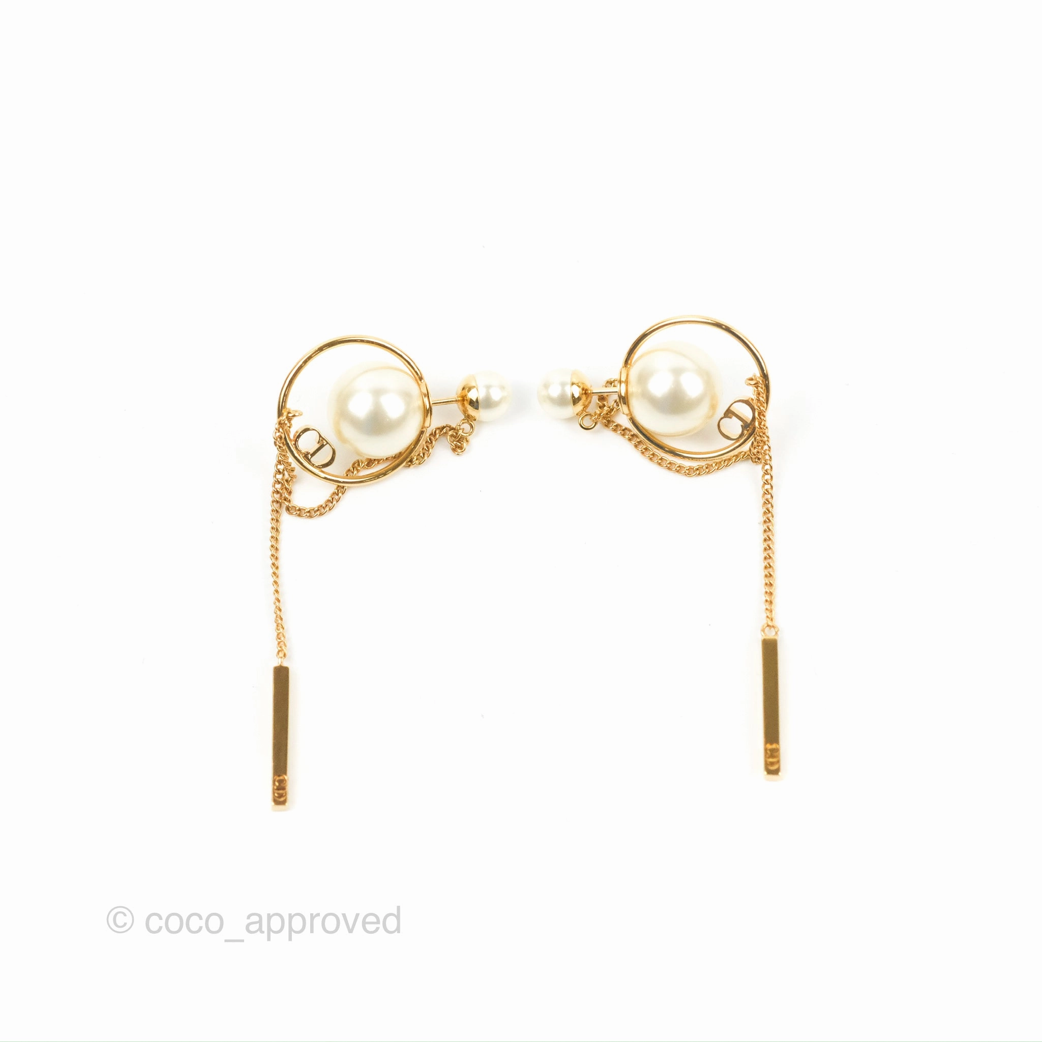 Christian Dior CD Pearl Tribales Chain Earrings Gold Tone