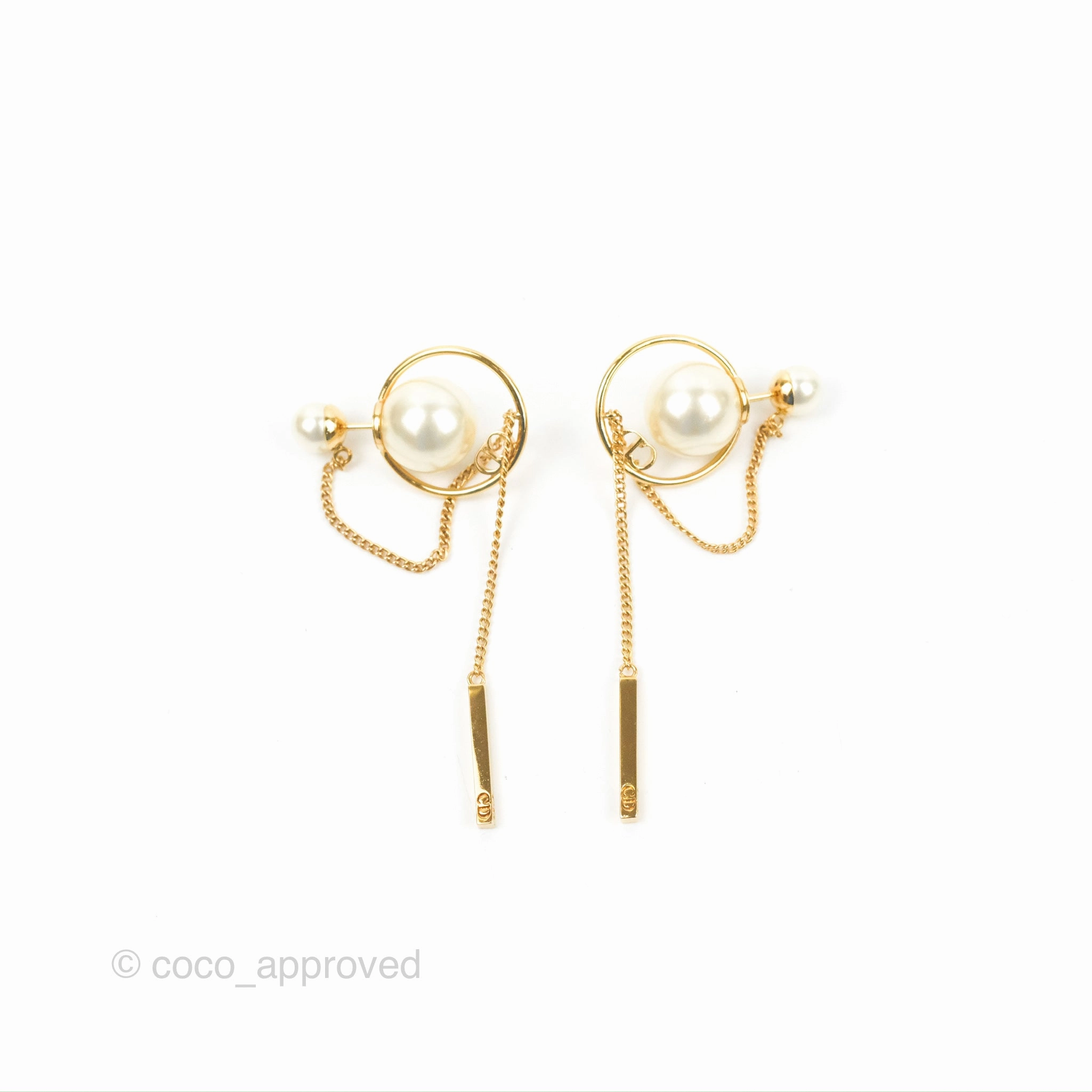 Christian Dior CD Pearl Tribales Chain Earrings Gold Tone