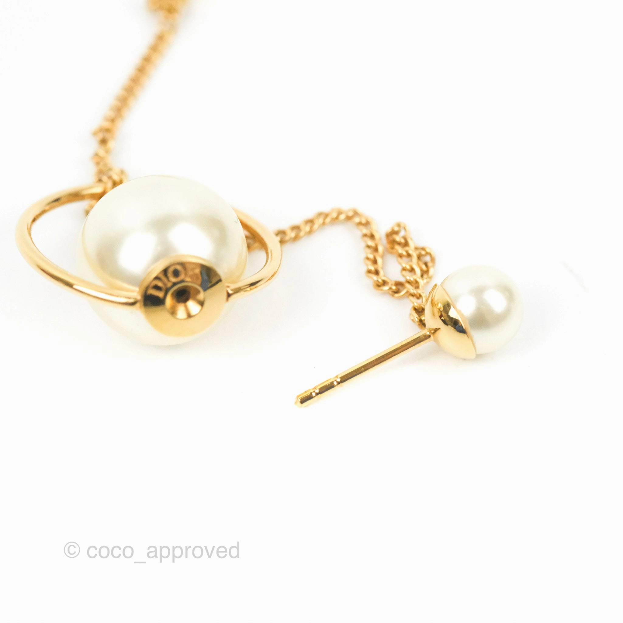 Christian Dior CD Pearl Tribales Chain Earrings Gold Tone