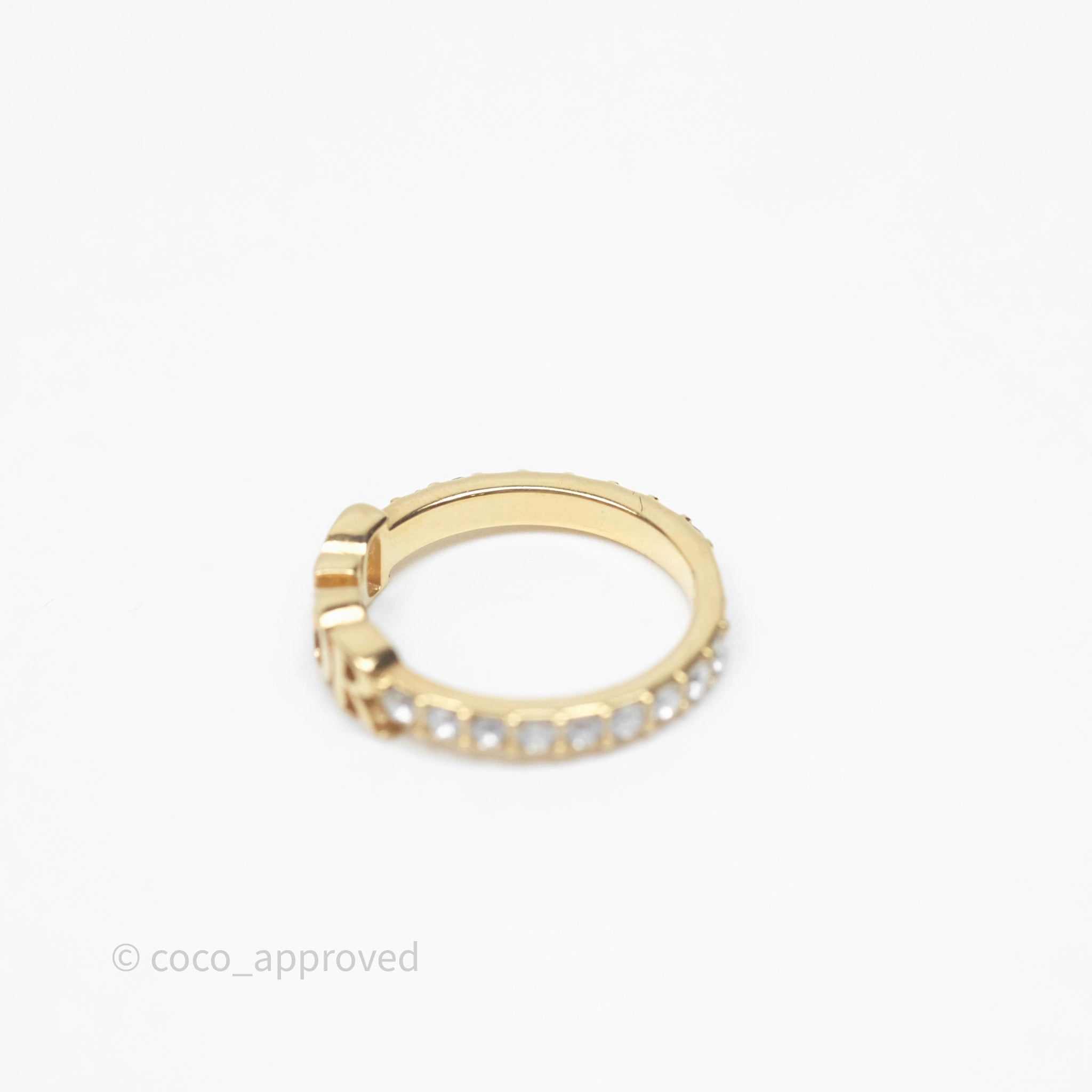 Christian Dior Crystal Logo Ring Gold Tone Size M