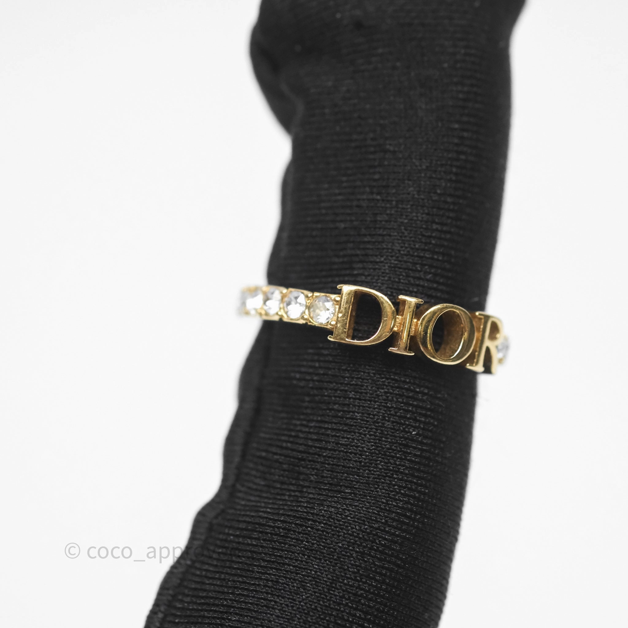 Christian Dior Crystal Logo Ring Gold Tone Size M