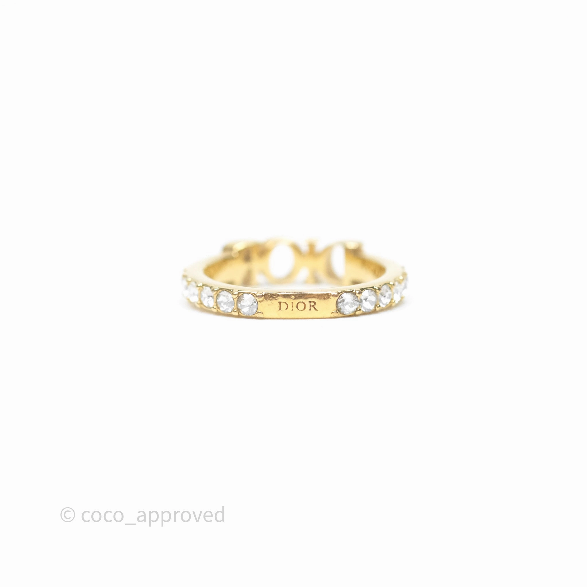 Christian Dior Crystal Logo Ring Gold Tone Size M