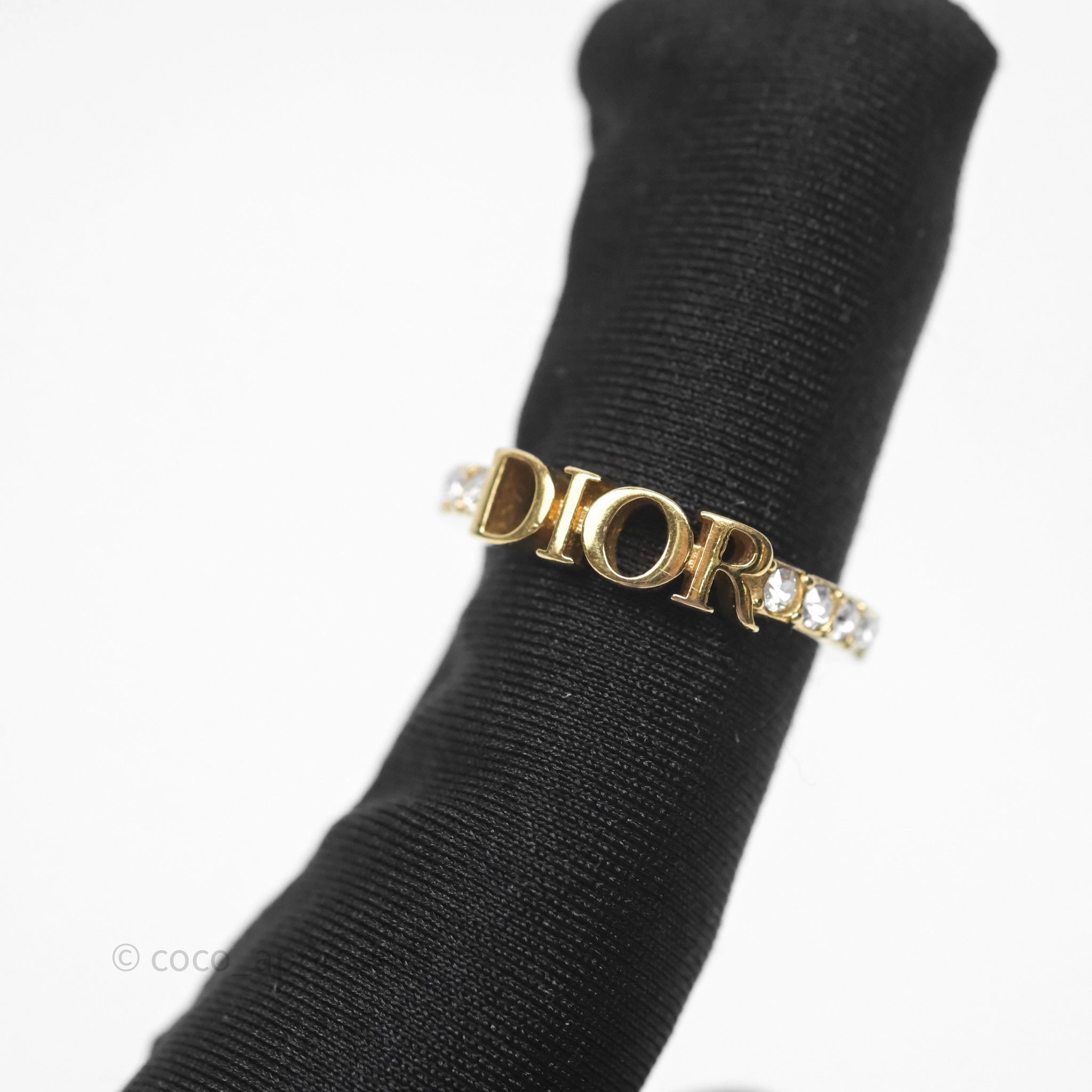 Christian Dior Crystal Logo Ring Gold Tone Size M