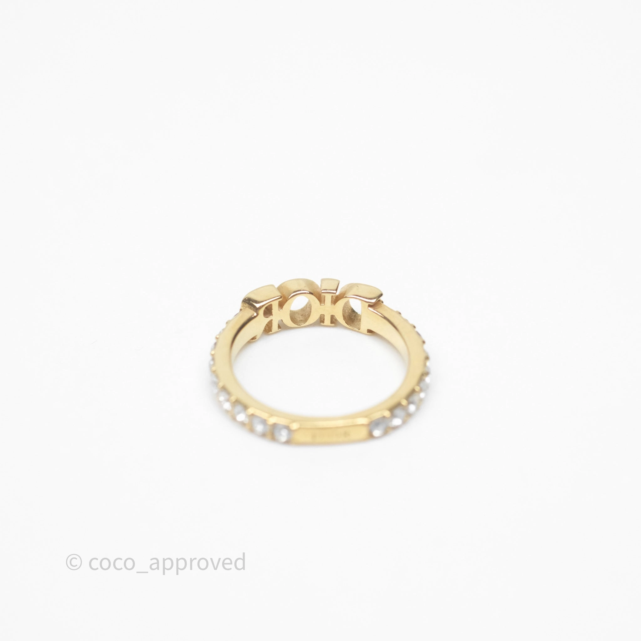 Christian Dior Crystal Logo Ring Gold Tone Size M