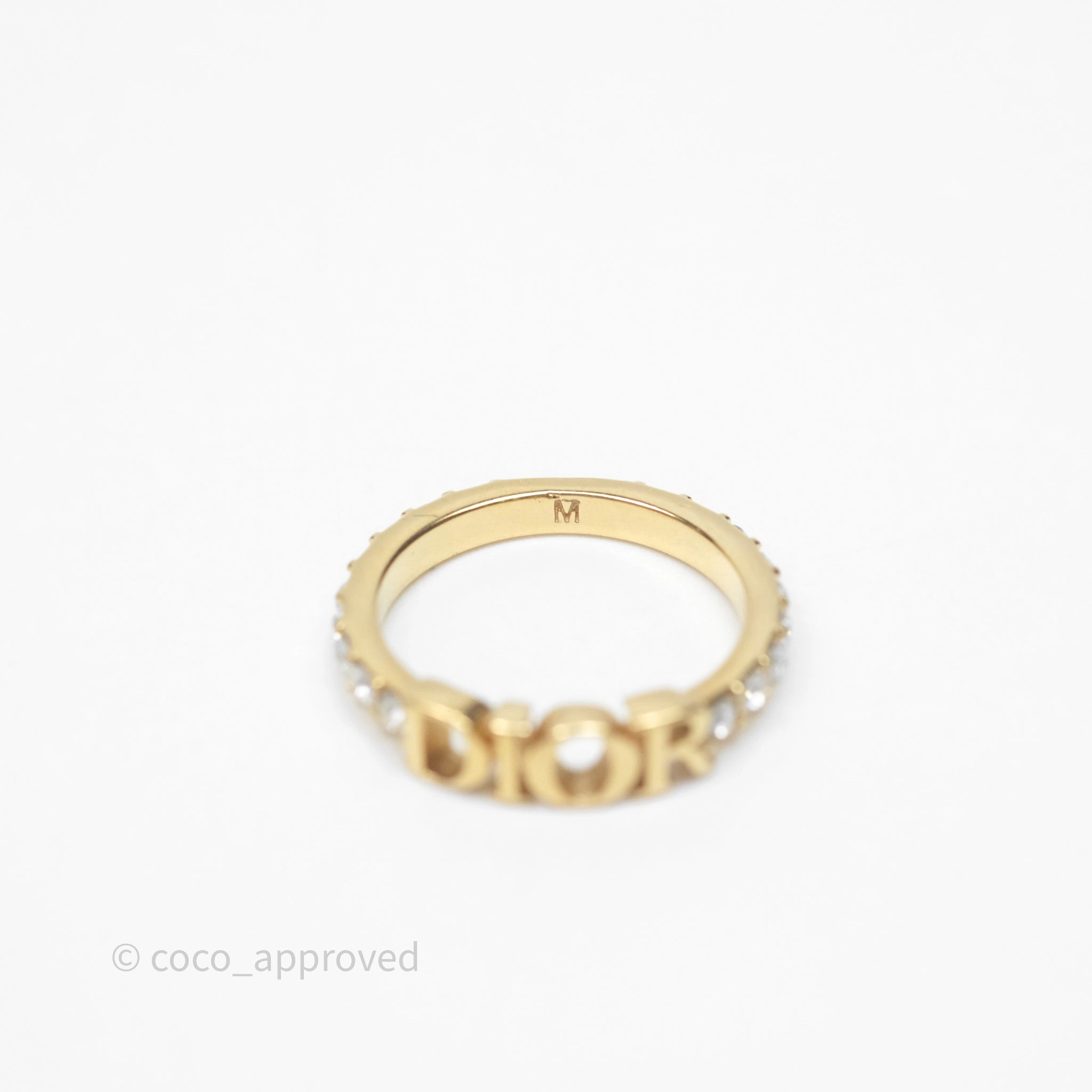 Christian Dior Crystal Logo Ring Gold Tone Size M
