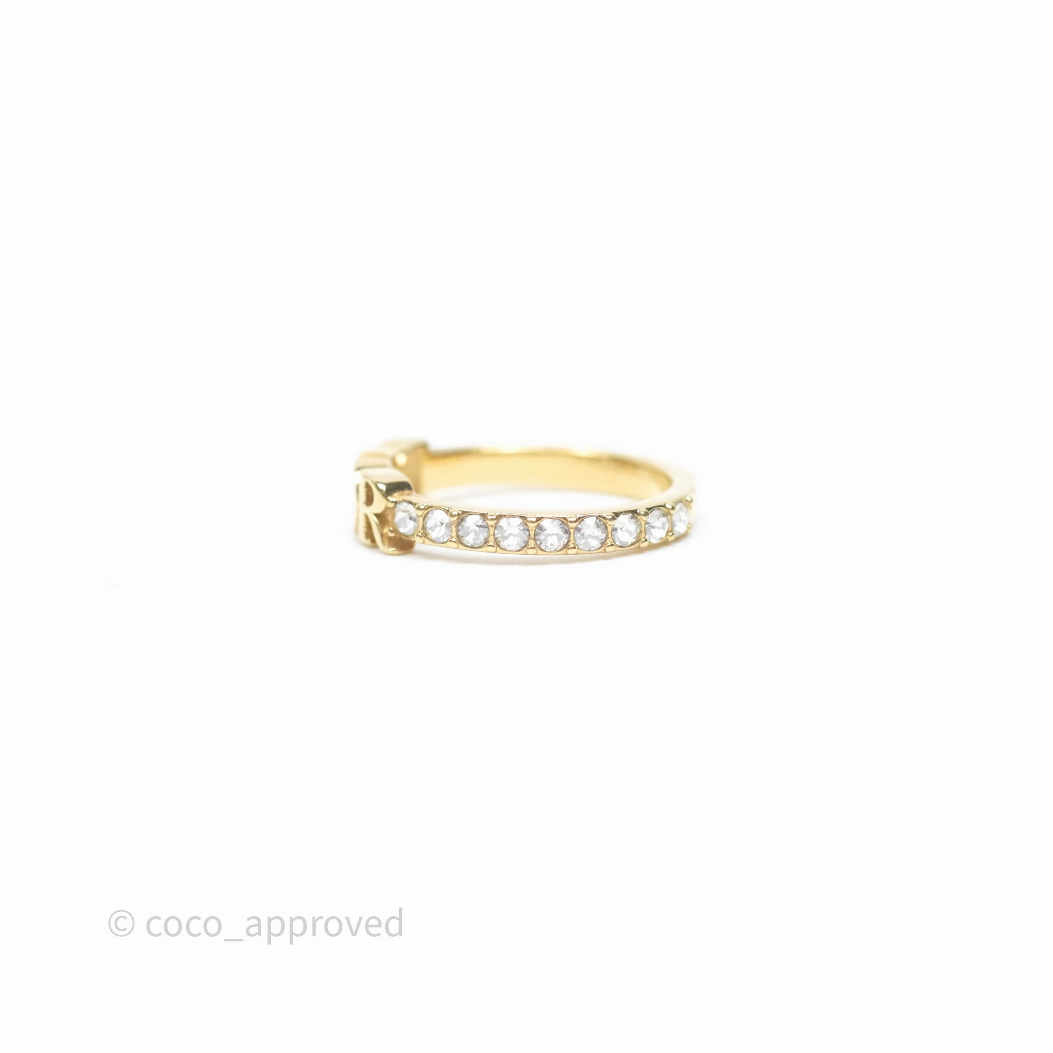 Christian Dior Crystal Logo Ring Gold Tone Size M