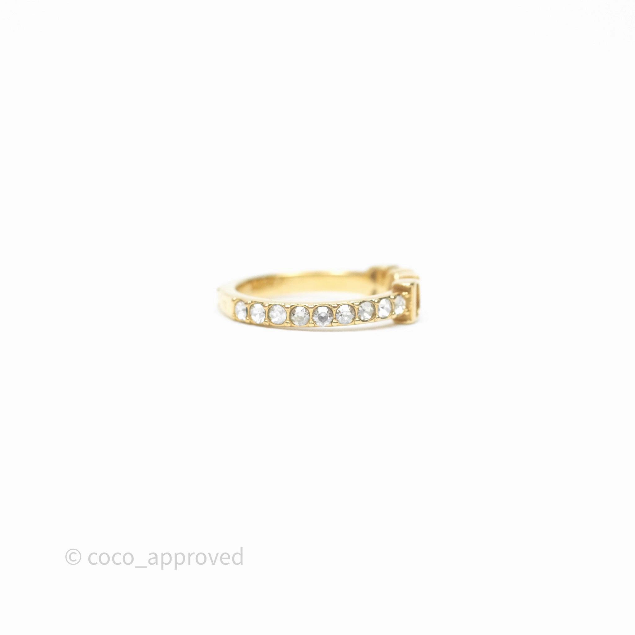 Christian Dior Crystal Logo Ring Gold Tone Size M