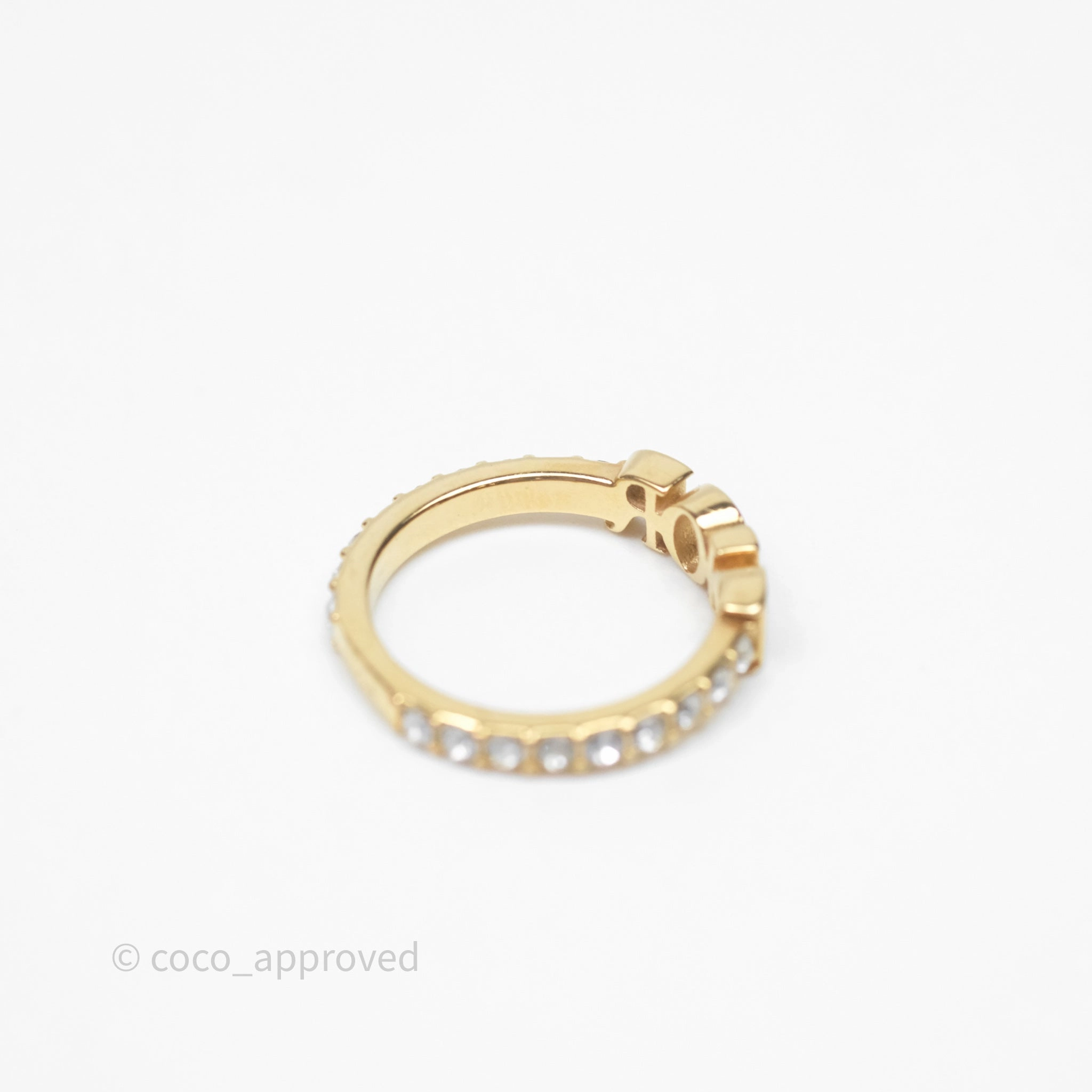 Christian Dior Crystal Logo Ring Gold Tone Size M