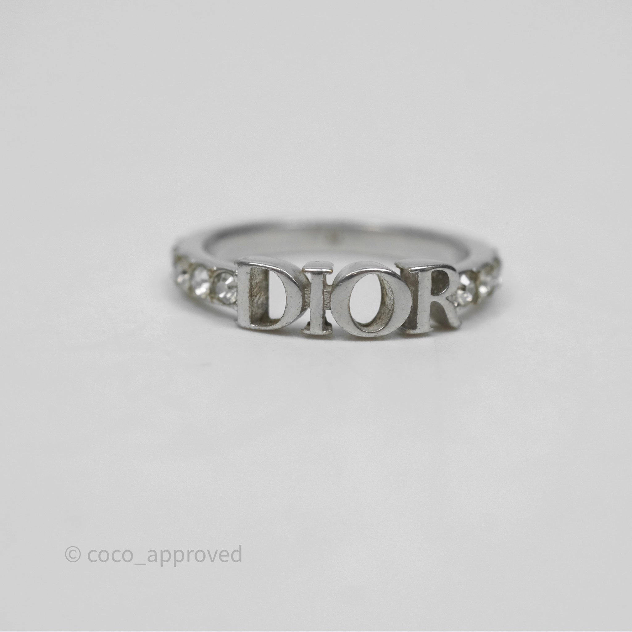 Christian Dior Crystal Logo Ring Silver Tone Size M