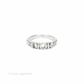 Christian Dior Crystal Logo Ring Silver Tone Size M