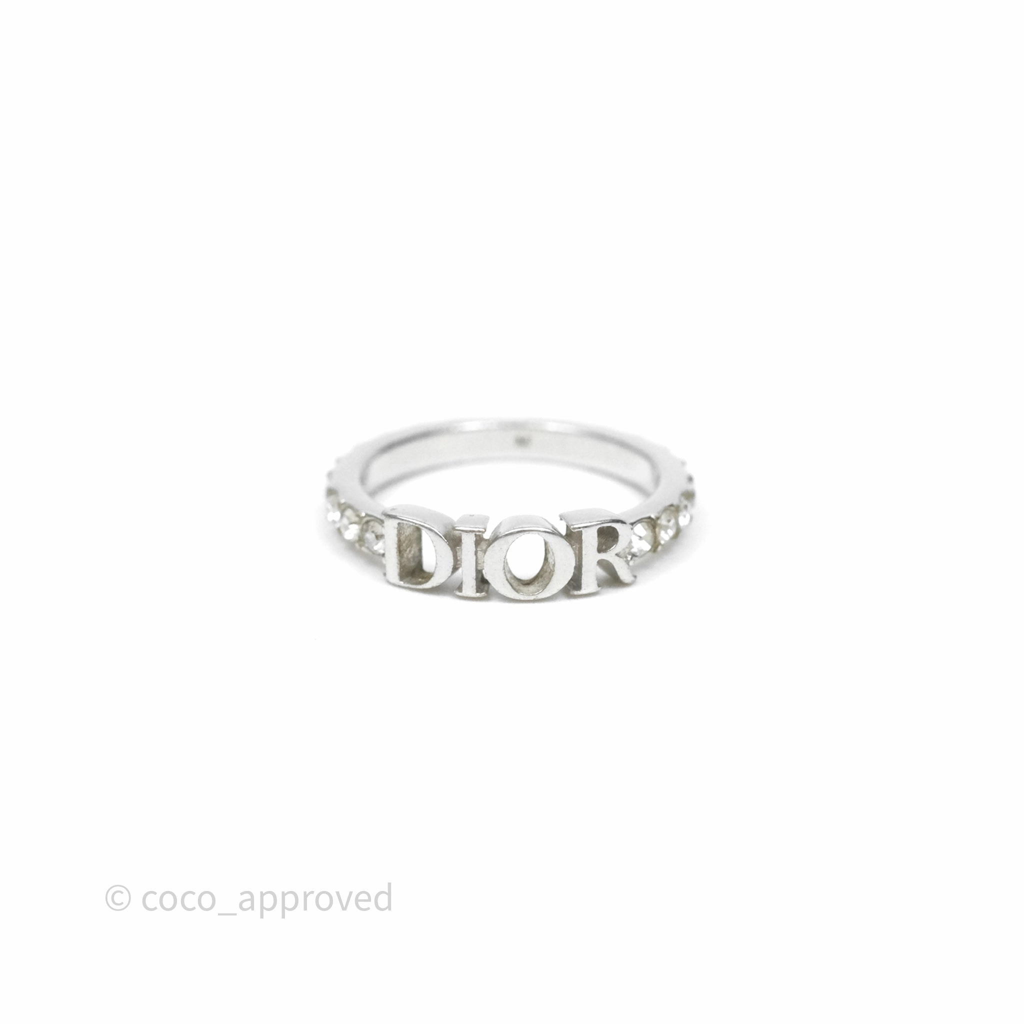 Christian Dior Crystal Logo Ring Silver Tone Size M