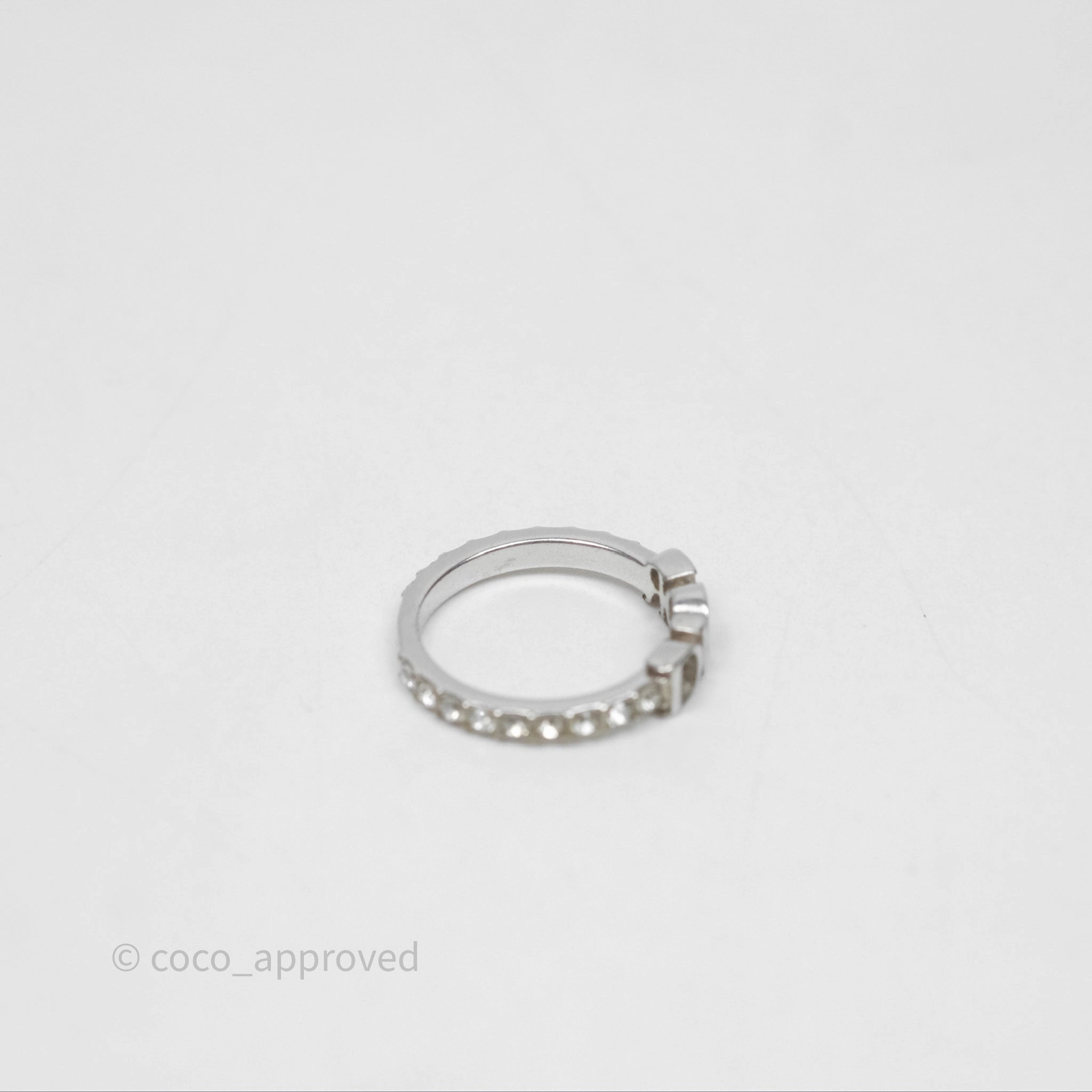 Christian Dior Crystal Logo Ring Silver Tone Size M