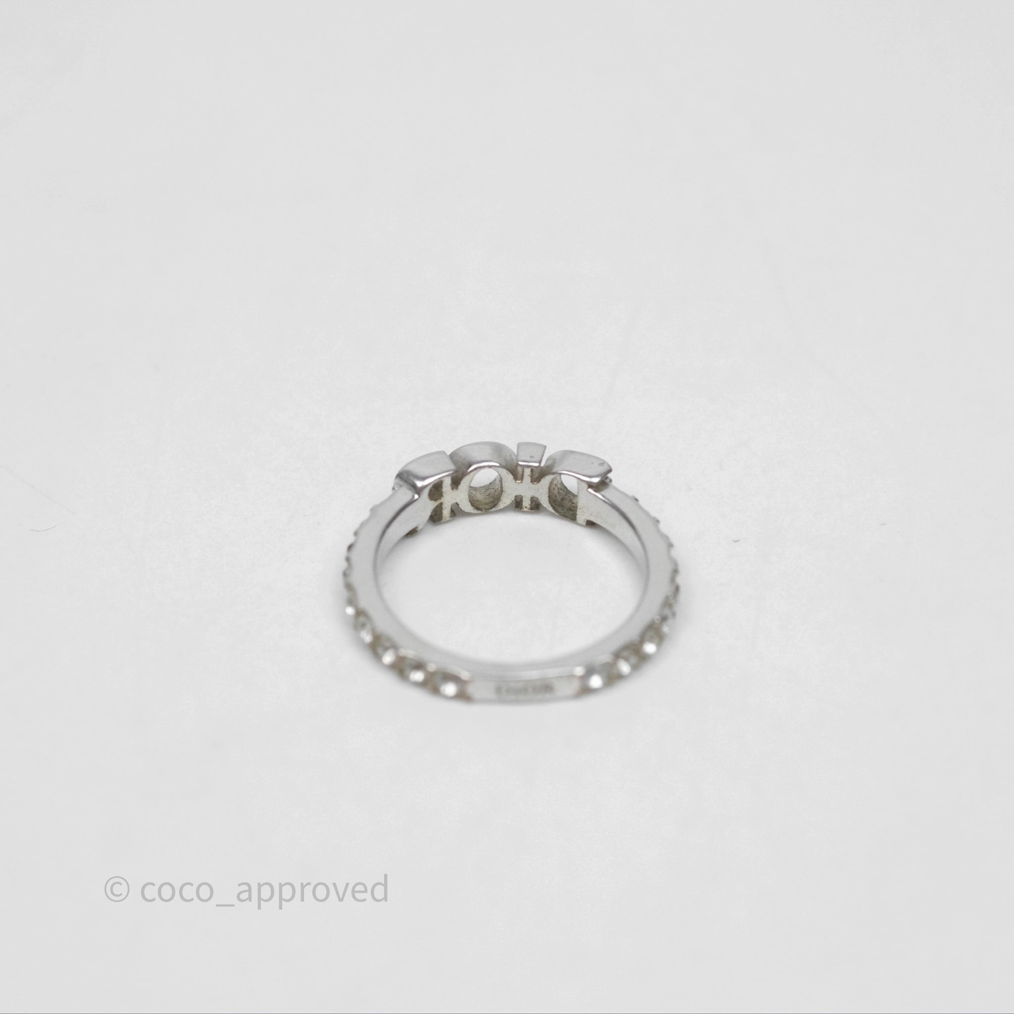 Christian Dior Crystal Logo Ring Silver Tone Size M