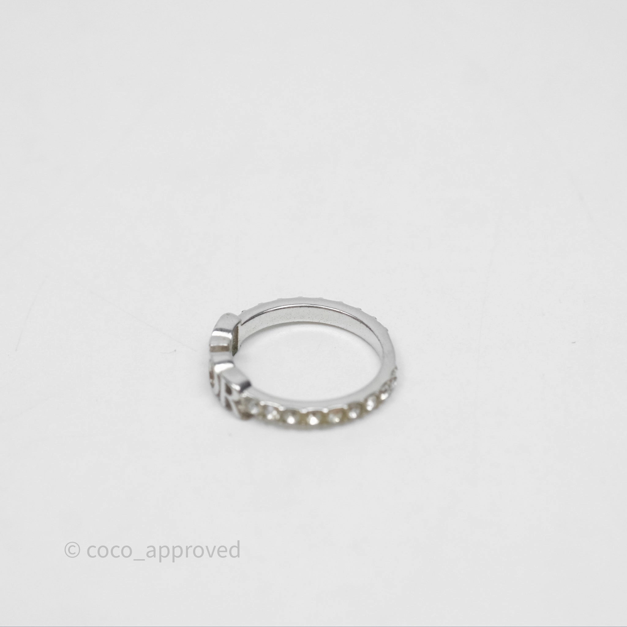 Christian Dior Crystal Logo Ring Silver Tone Size M