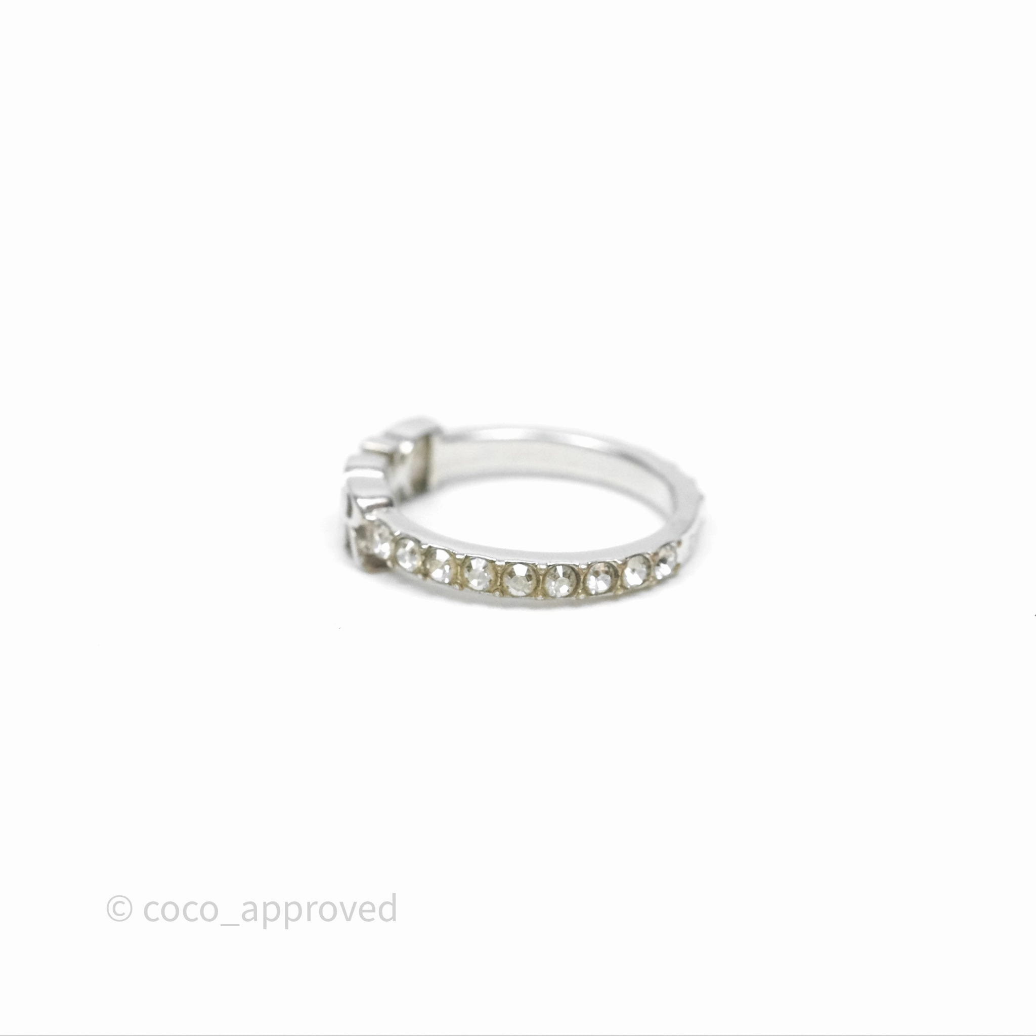 Christian Dior Crystal Logo Ring Silver Tone Size M