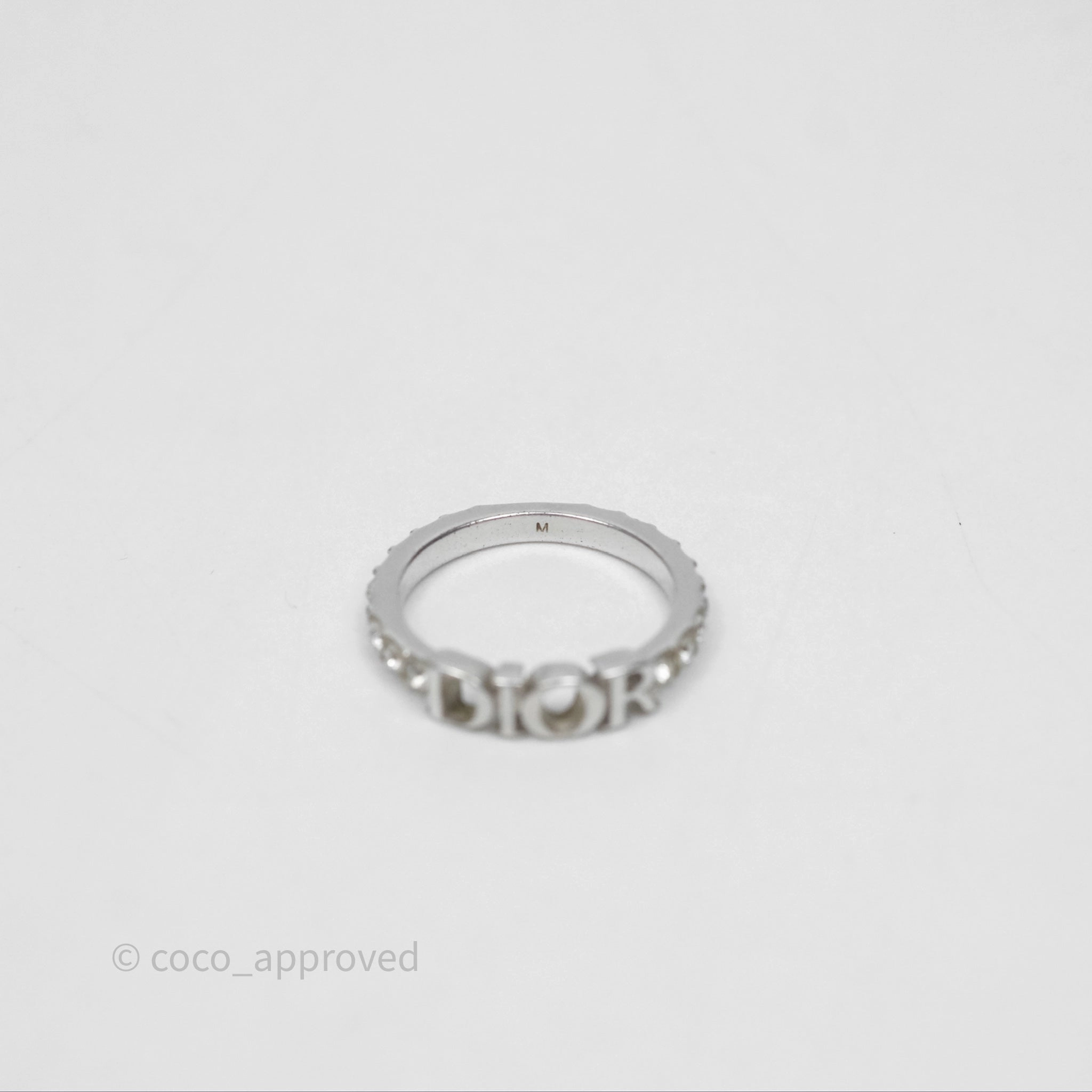 Christian Dior Crystal Logo Ring Silver Tone Size M