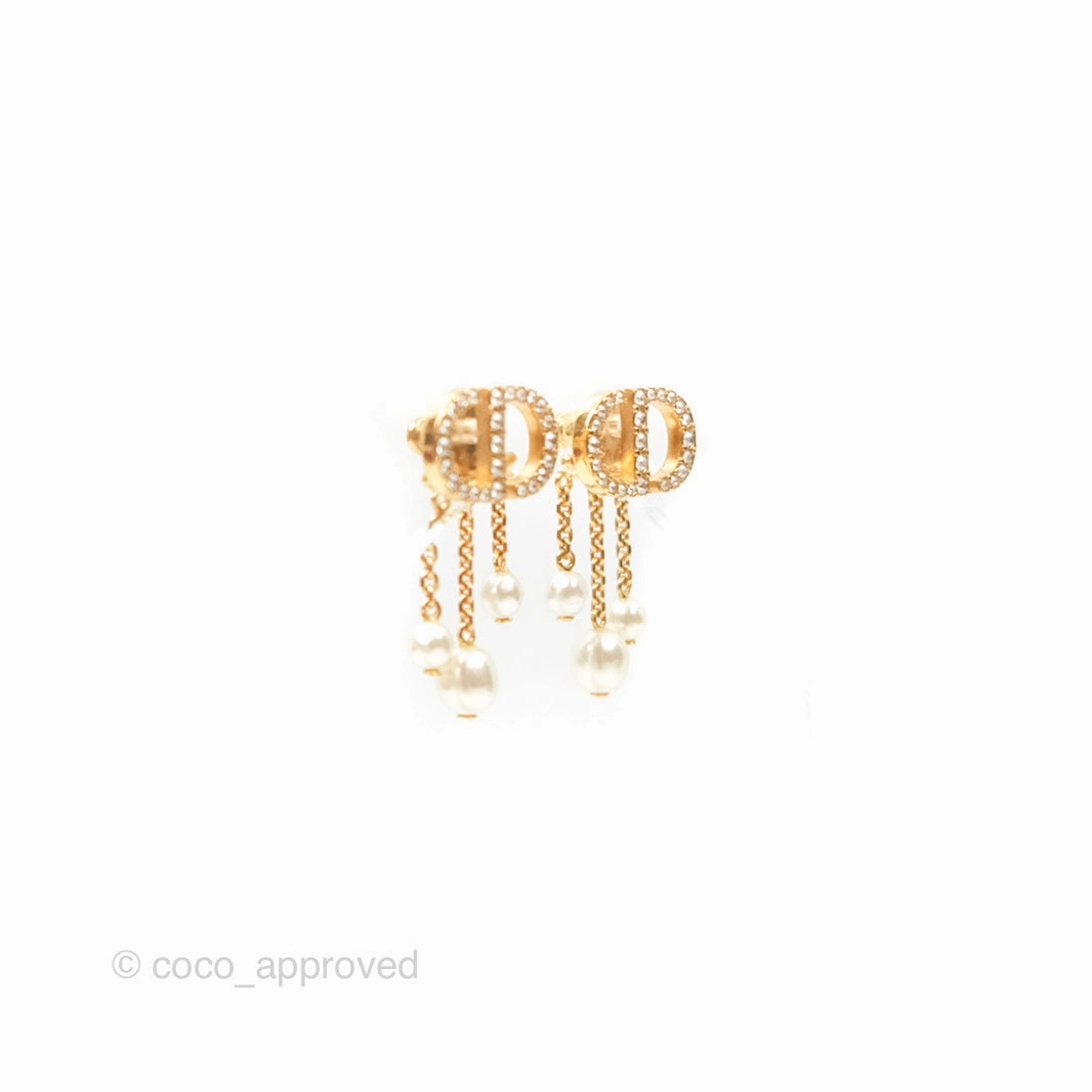 Christian Dior Crystal Pearl Drop Earrings Gold Tone